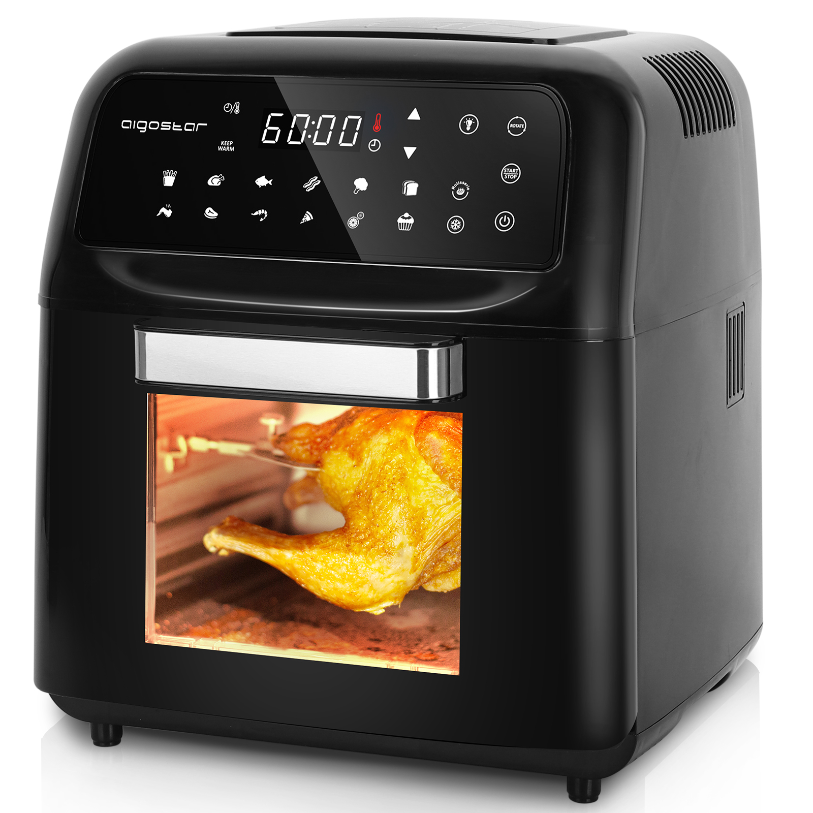 Una friggitrice ad aria nera con display timer e un pollo all'interno, su sfondo bianco.