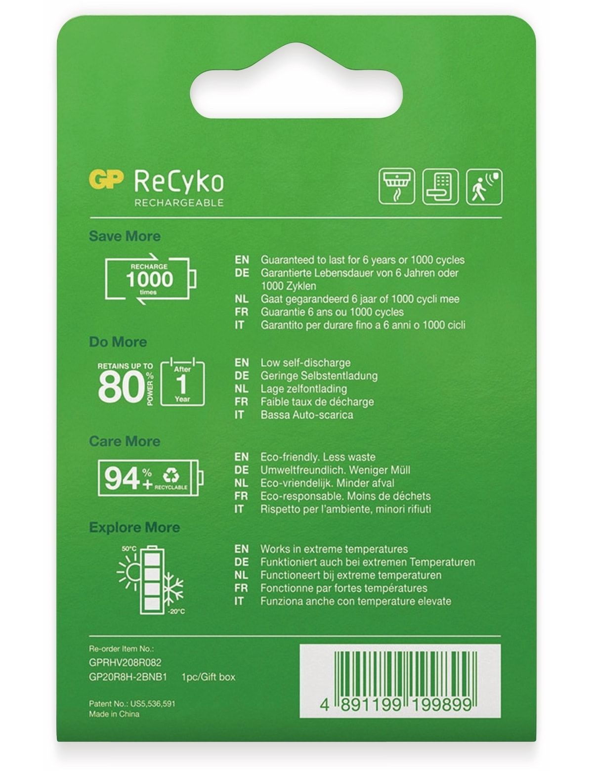 Verpackung für wiederaufladbare Akkus mit Text in mehreren Sprachen und Symbolen.