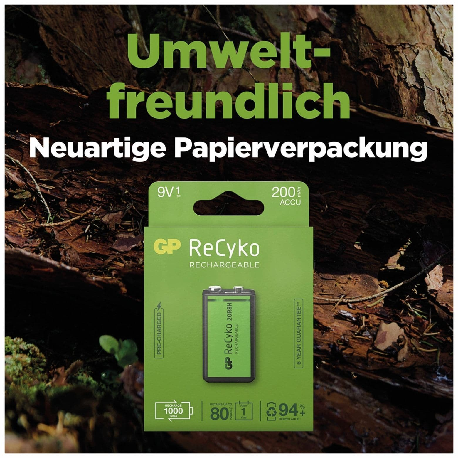 Grüne und weiße Batteriepackung mit Text. Der Hintergrund ist Holz.
