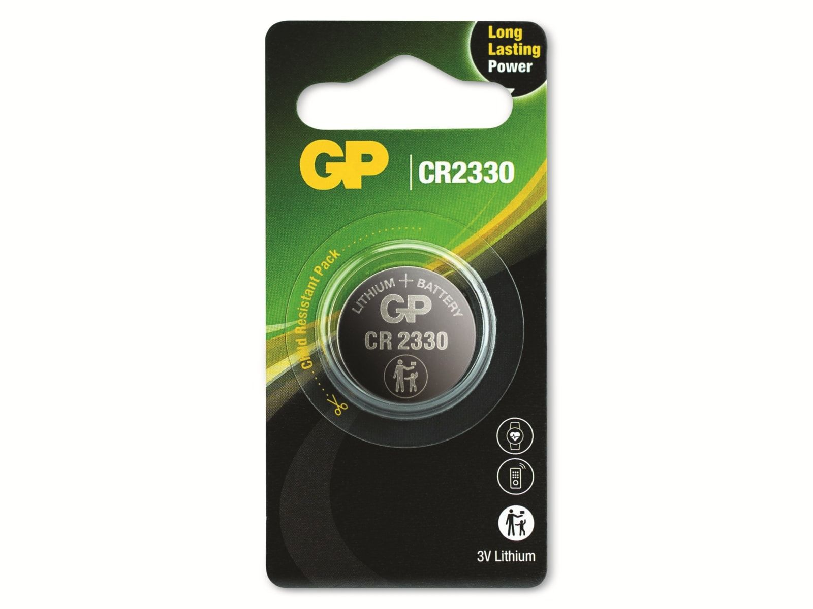 Eine GP CR2330 Lithiumbatterie in einer grün-schwarzen Verpackung mit Symbolen.