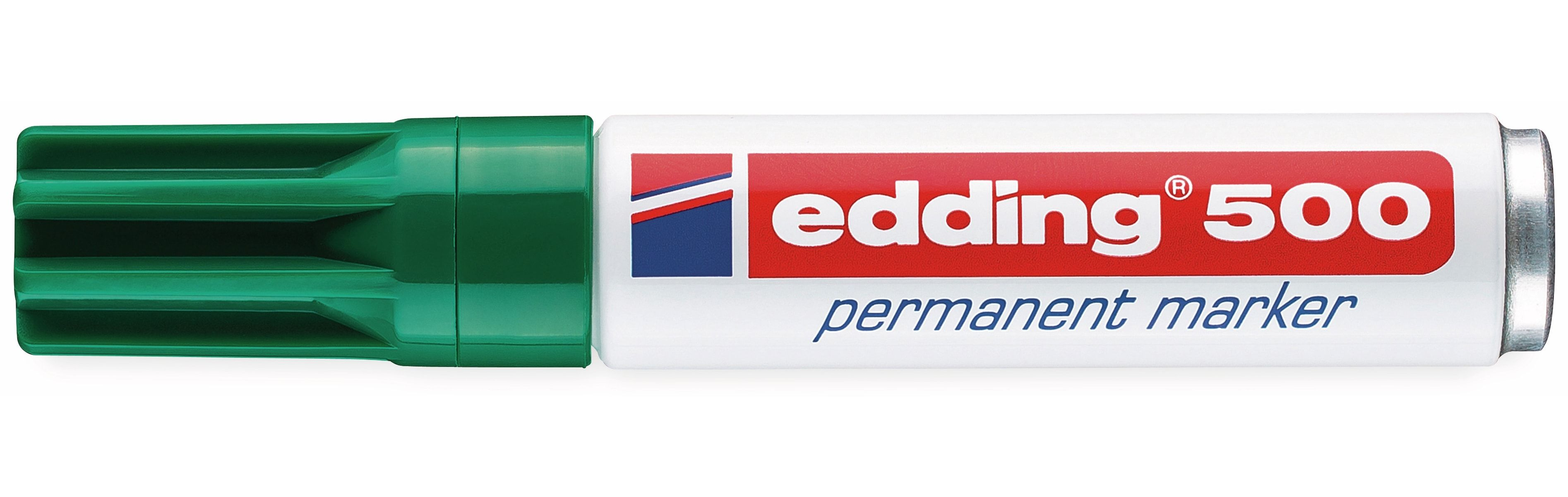 Rotulador permanente Edding 500 verde con punta verde, cuerpo blanco y tapa plateada.