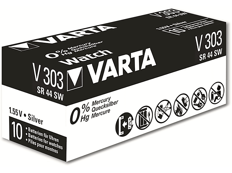 VARTA Knopfzelle Silver Oxide, 303 SR44,  1.55V, 10 Stück Silberoxid Knopfzelle