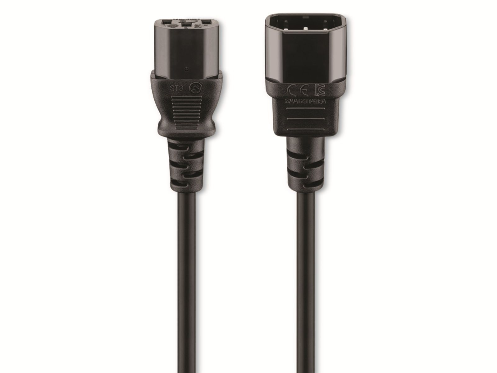 Dwa czarne kable zasilające ze złączami IEC. Białe tło. Czysty i prosty obraz.