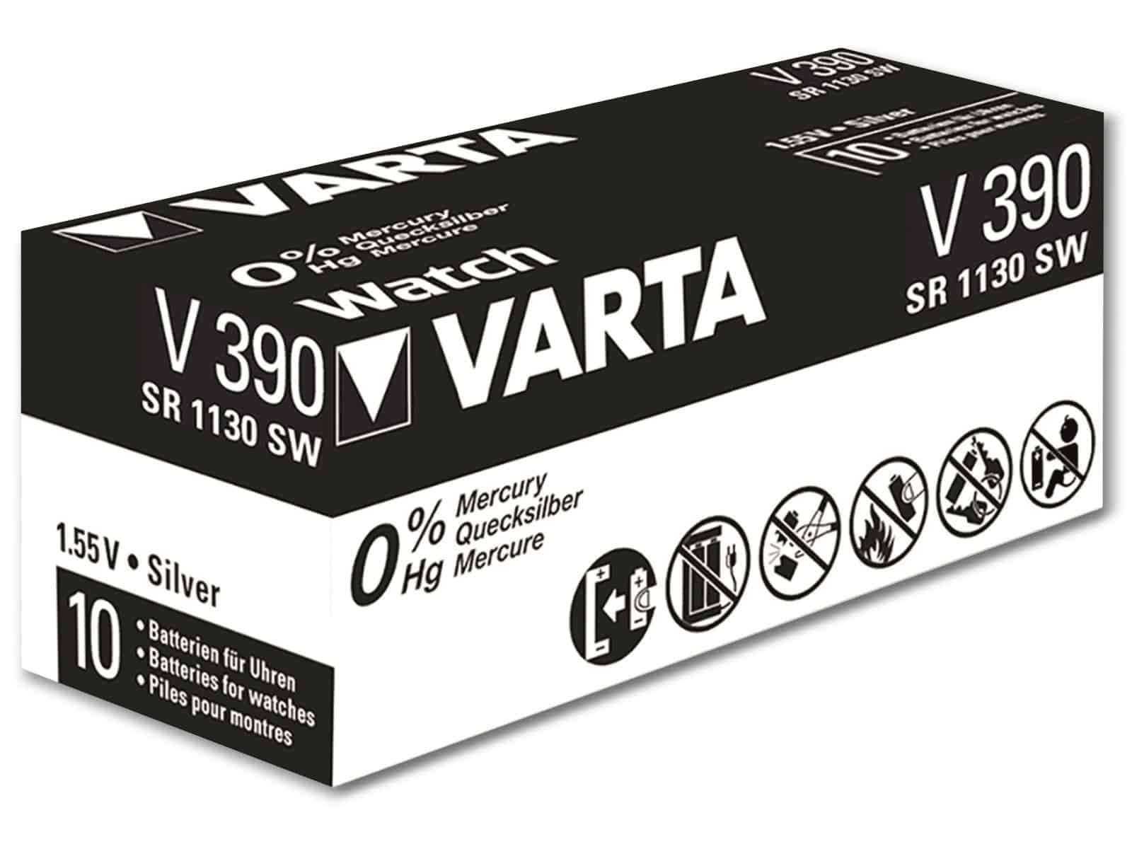 Schachtel mit Varta-Uhrenbatterien. Schwarz-weiße Verpackung. Enthält 10 Batterien mit Sicherheitssymbolen.