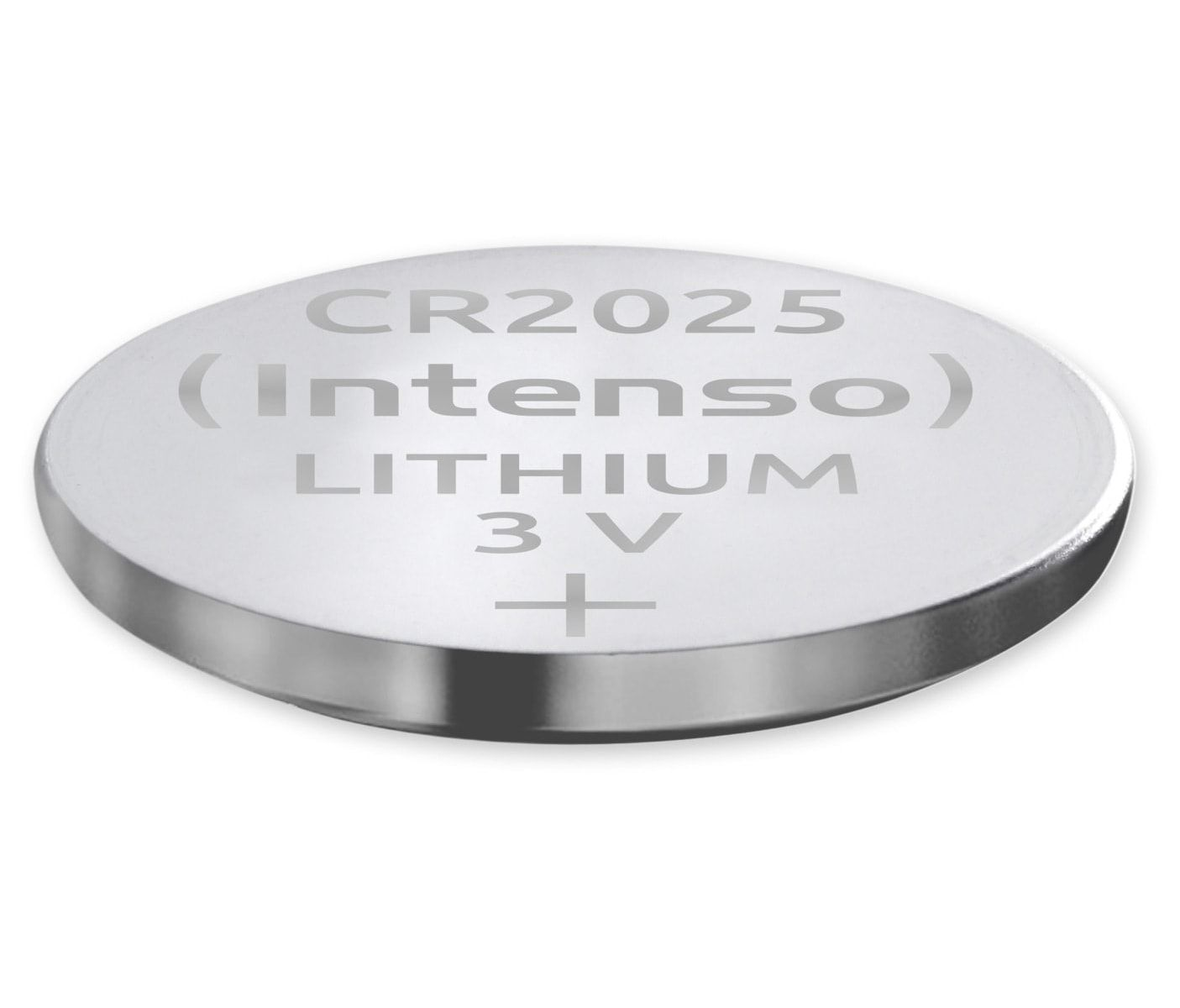 Eine silberne, runde Knopfzellenbatterie. Auf der Batterie steht CR2025 (Intenso) LITHIUM 3V +.