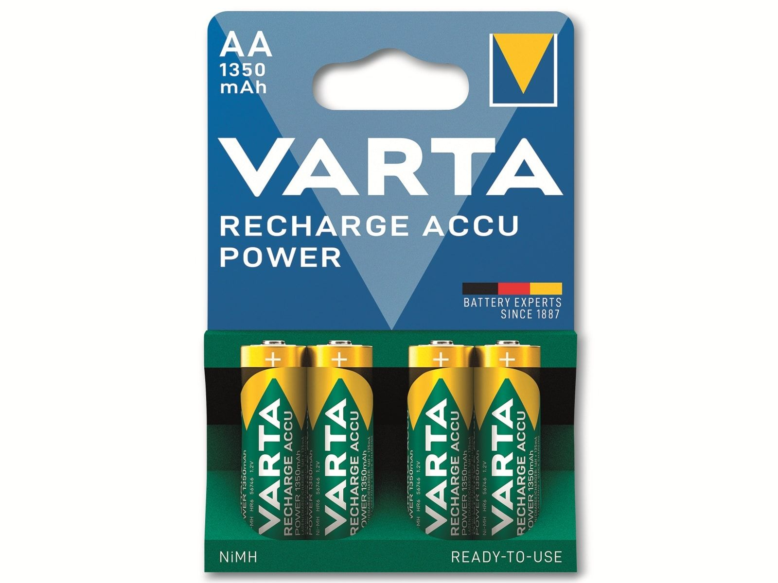 VARTA Akku Power, Akku Pack 4er HR06, Mignon, NiMH, Accu Nickel-Metallhydrid AA, 1.2V/1350mAh, Pre-charged