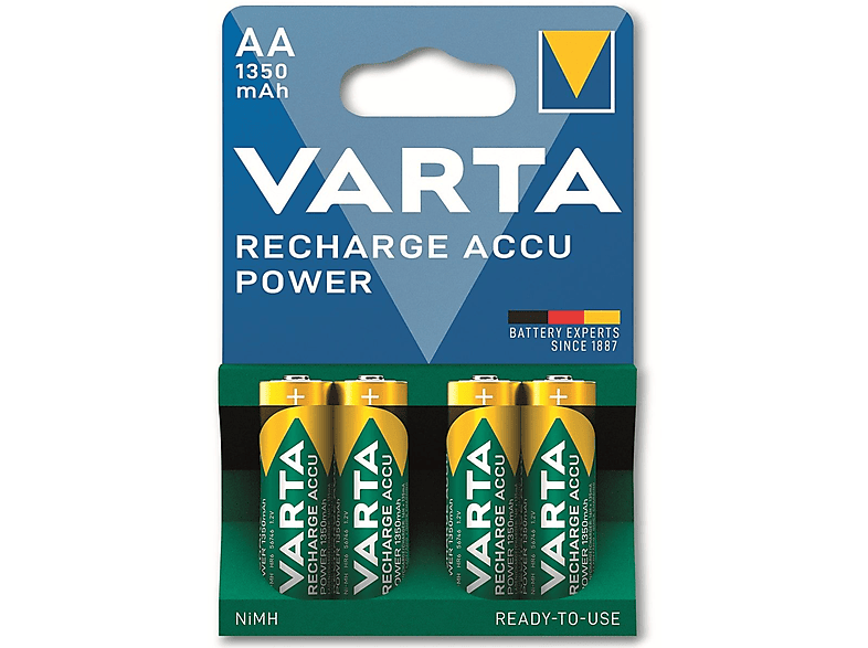 VARTA Akku Power, Akku Pack 4er HR06, Mignon, NiMH, Accu Nickel-Metallhydrid AA, 1.2V/1350mAh, Pre-charged