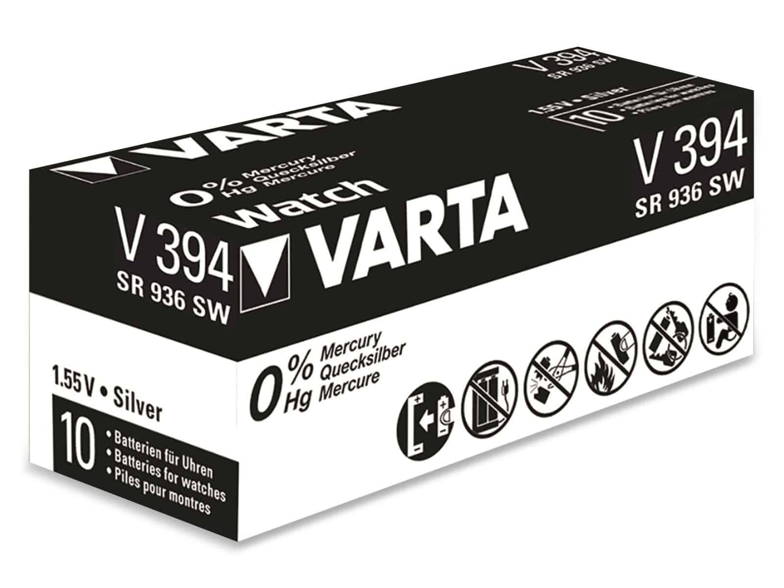 Pile per orologi Varta V394 in una scatola bianca e nera, 10 pile, 1,55V.