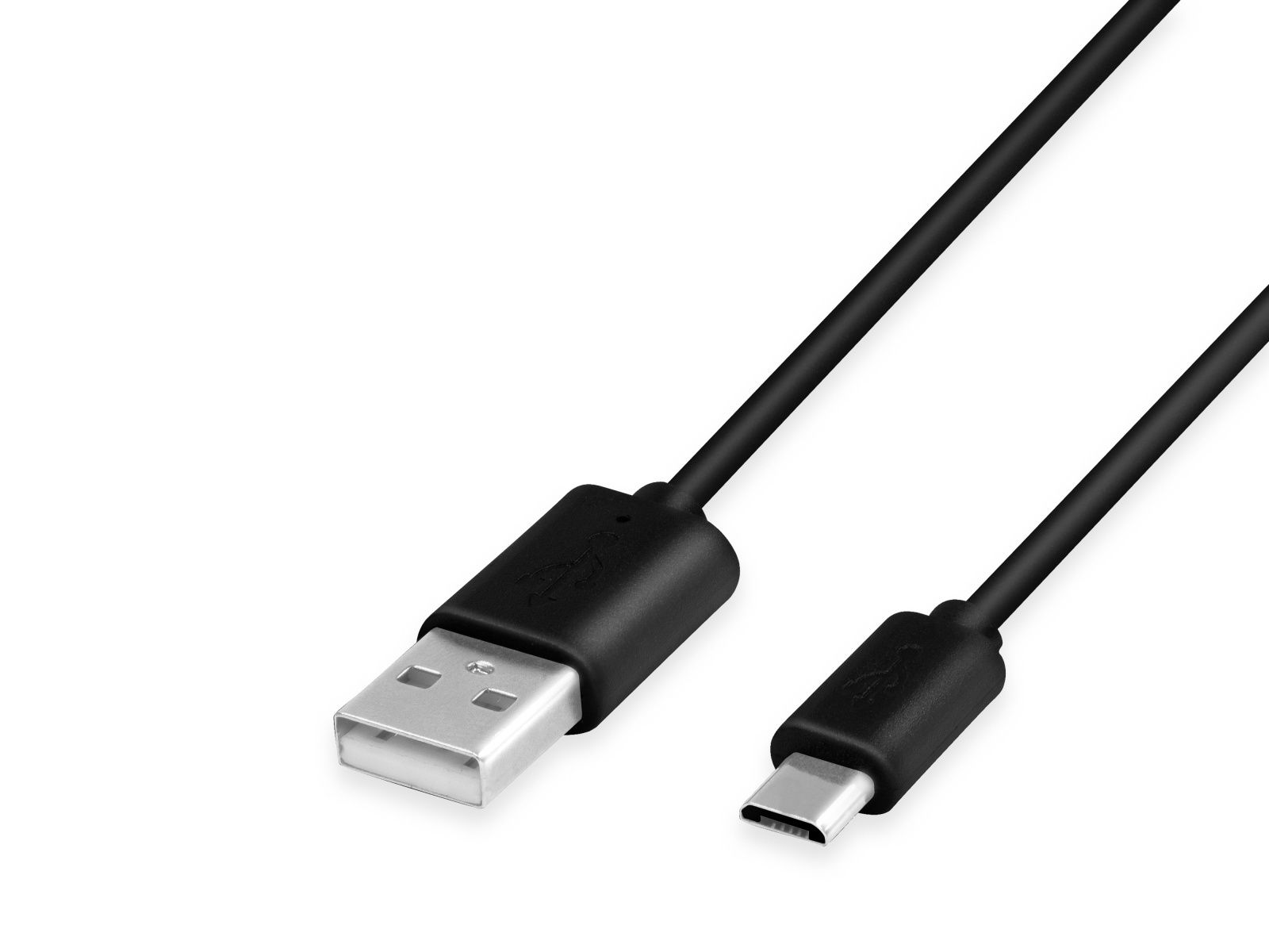 Ein schwarzes USB-C-Kabel mit einem USB-A-Anschluss und einem USB-C-Anschluss.