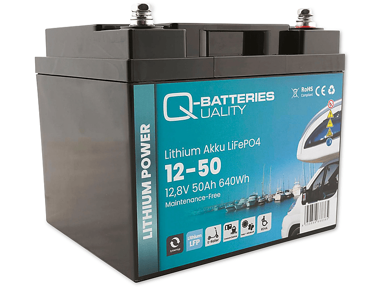 Q-BATTERIES Lithium Akku 12-50 12,8V, Batterie Akku 50Ah Lithium-Eisenphosphat LiFePO4 640Wh