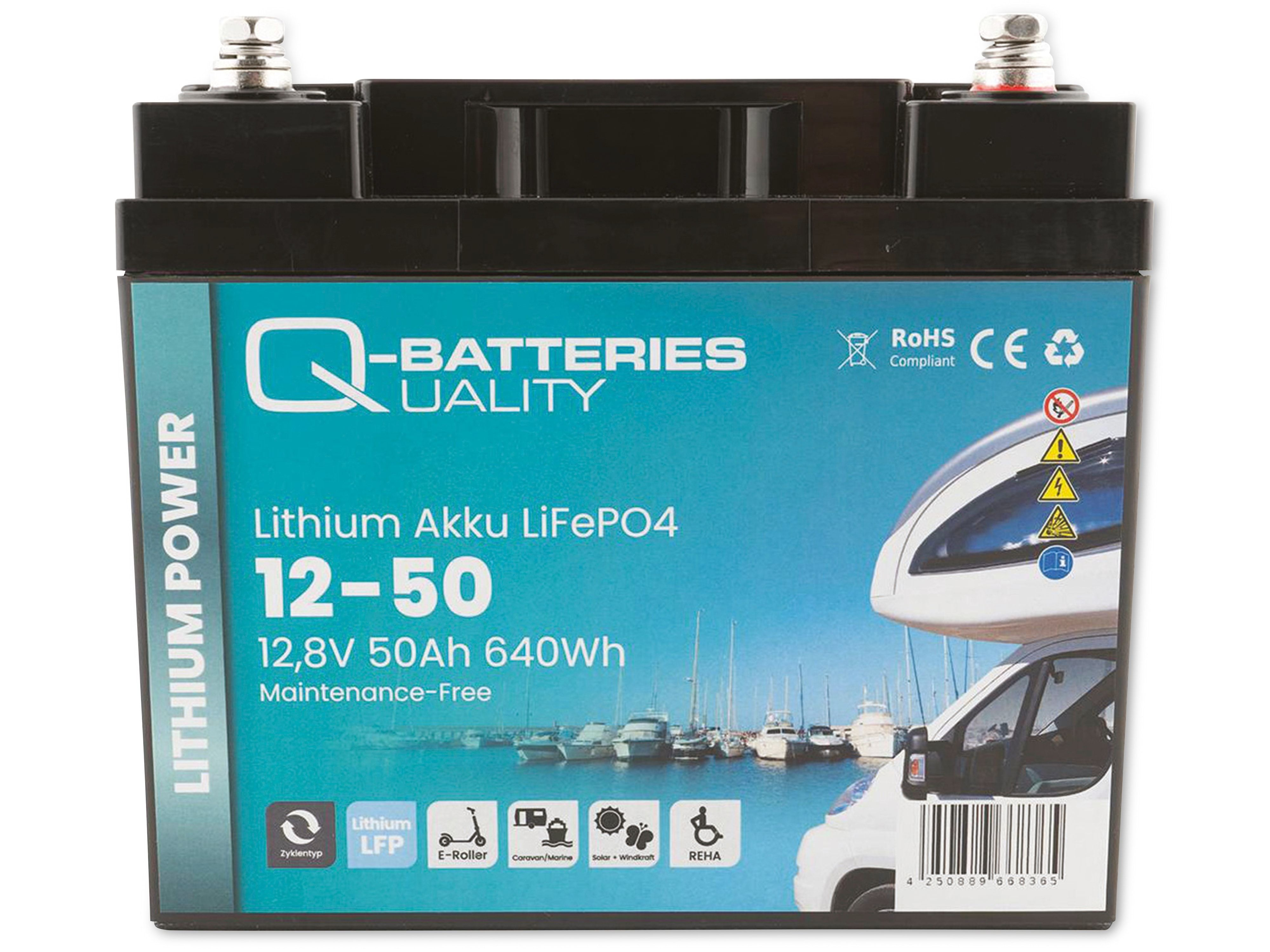 Lithium 640Wh 12,8V, Lithium-Eisenphosphat Akku Akku 50Ah LiFePO4 12-50 Q-BATTERIES Batterie
