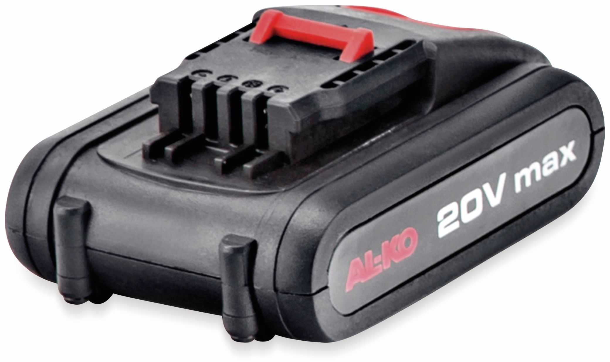 Schwarze und rote AL-KO 20V max Batterie. Sie hat eine rote Verriegelung und mehrere Kontaktpunkte oben.