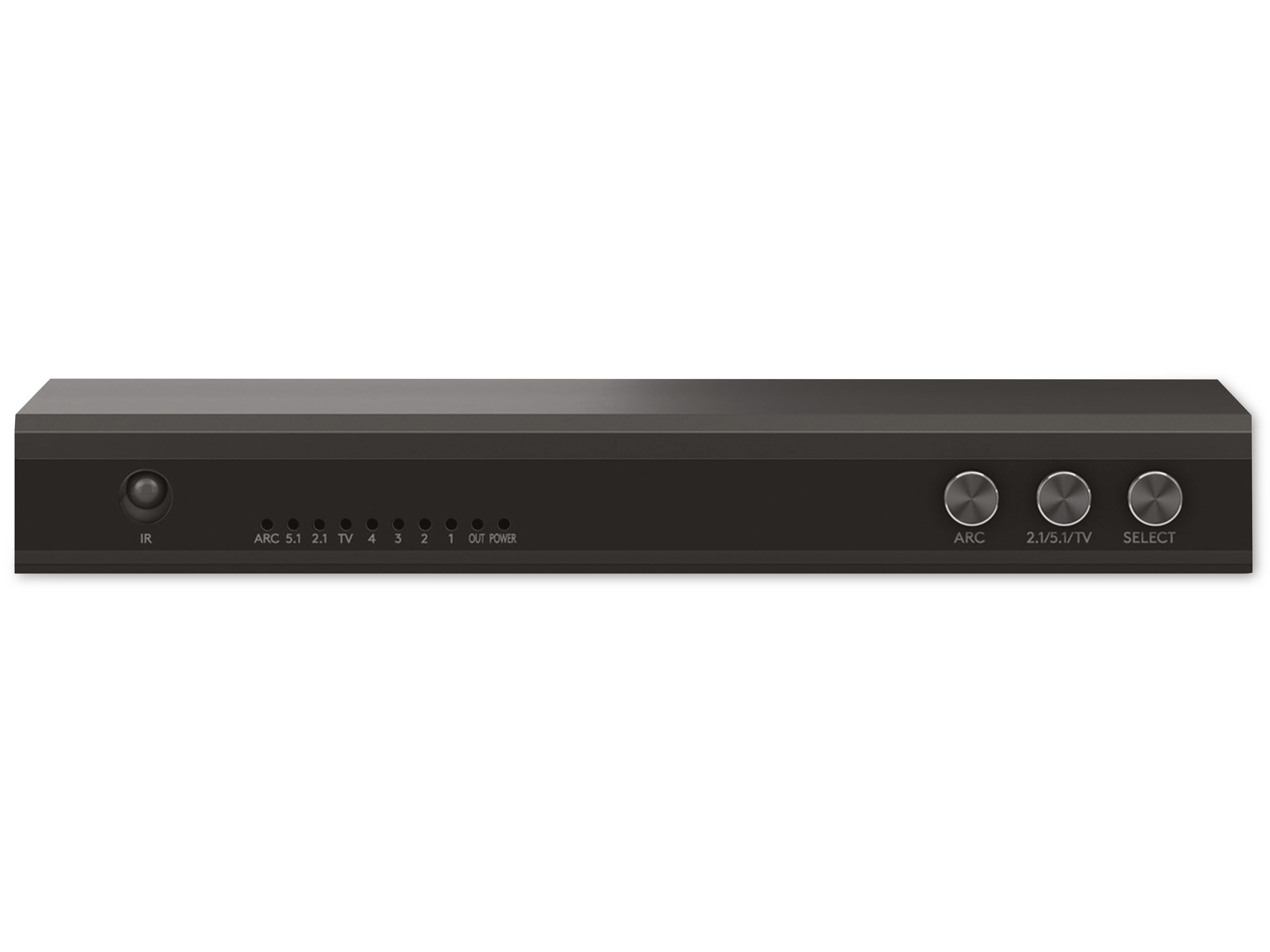 Ein schwarzer Audio/Video-Receiver mit Tasten und Beschriftungen wie ARC, TV und Select. Weißer Hintergrund.