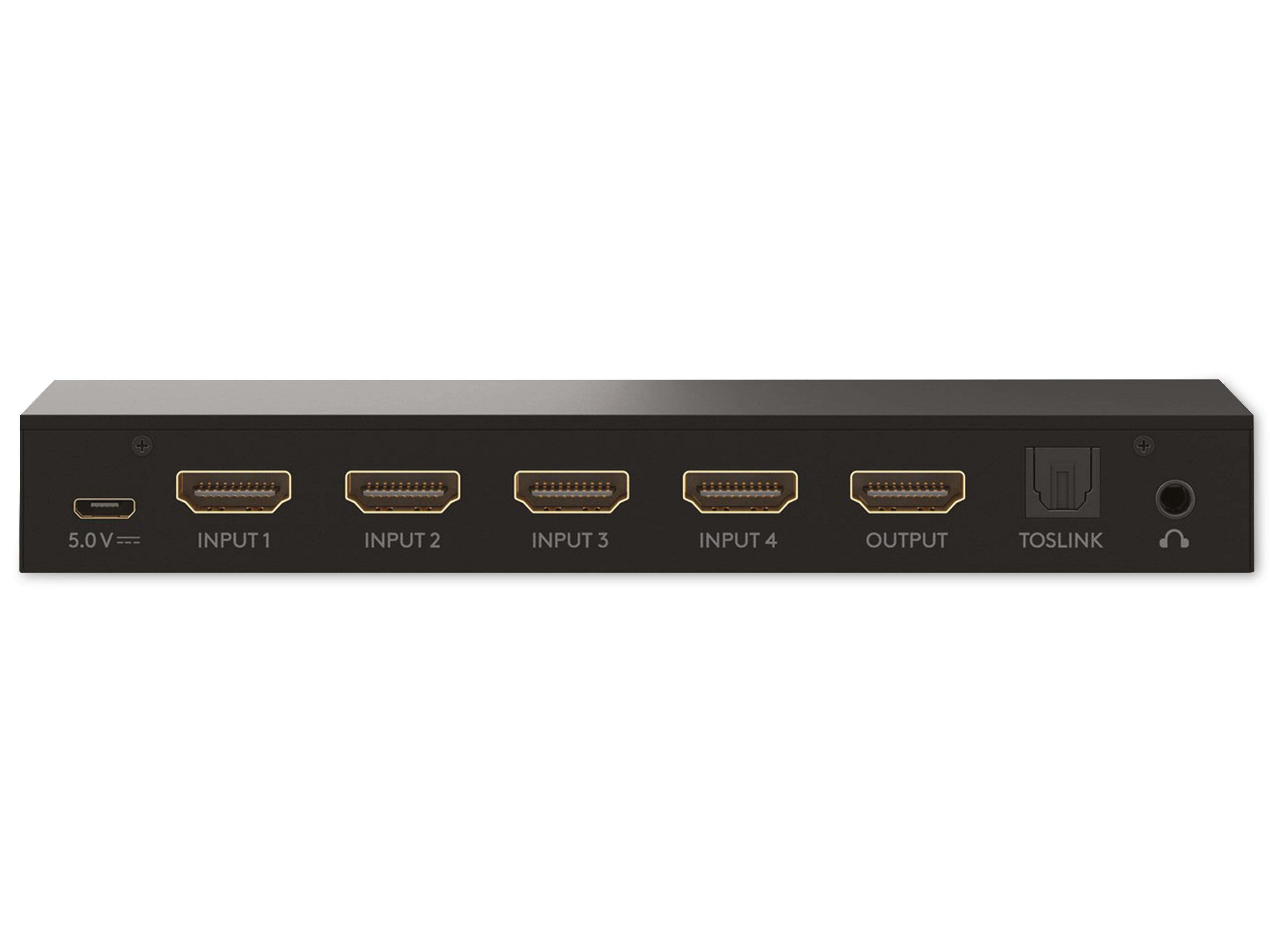 Ein schwarzer HDMI-Switch mit vier Eingängen, einem Ausgang, einem TOSLINK-Anschluss und 5,0V Eingang.