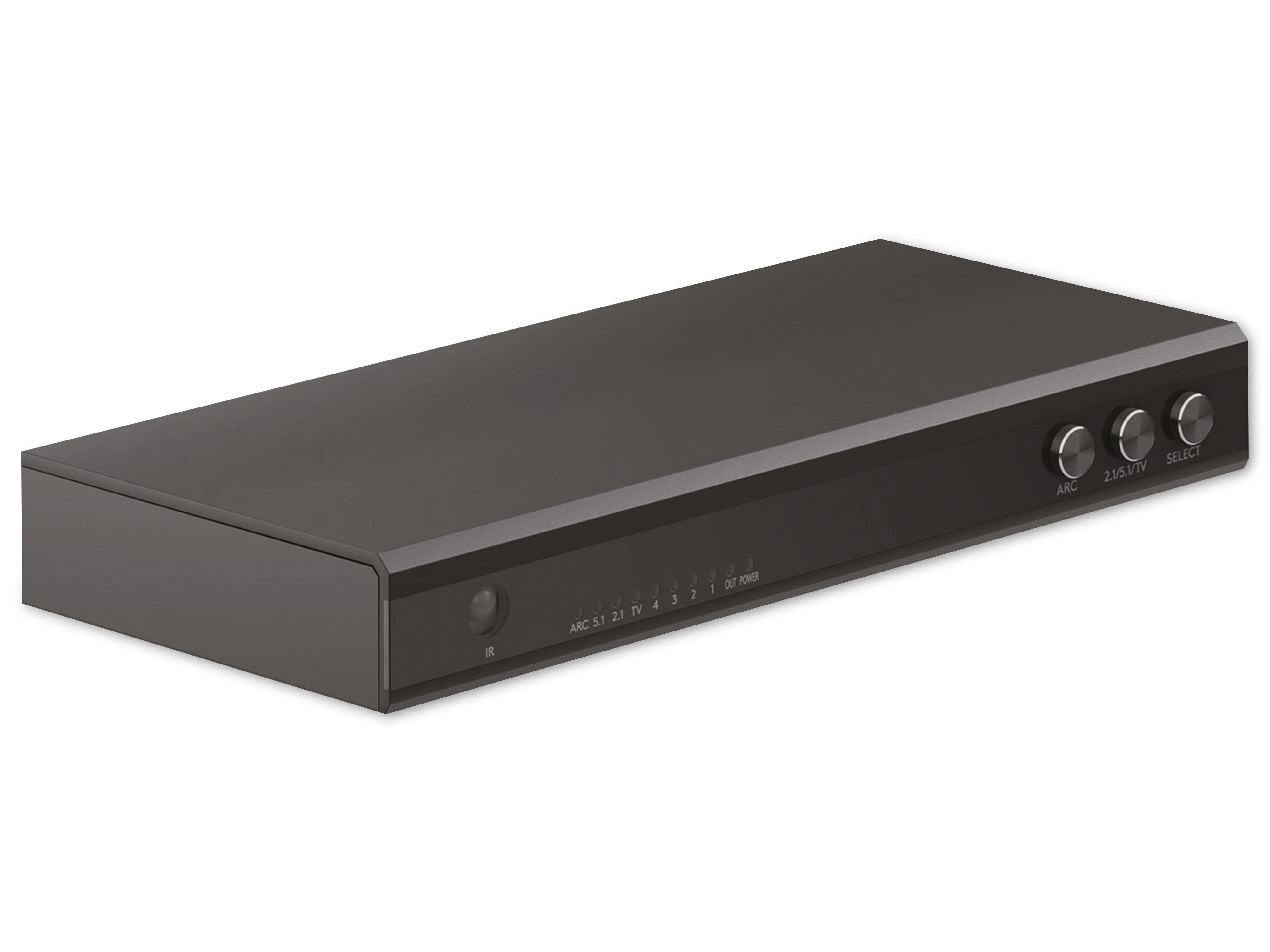 Schwarzer AV-Receiver mit Tasten. Beschriftet mit 'ARC', '5.1', '2.1', 'TV', 'SELECT' und 'OUT POWER'.