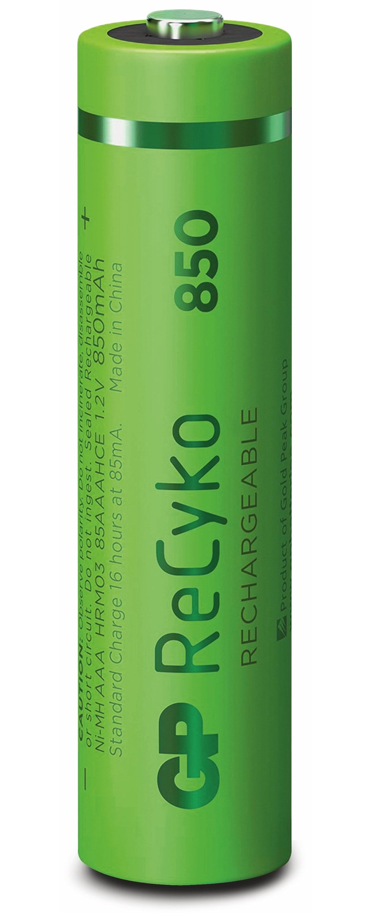Eine grüne, wiederaufladbare Batterie mit dem Text 'ReCyko 850'.