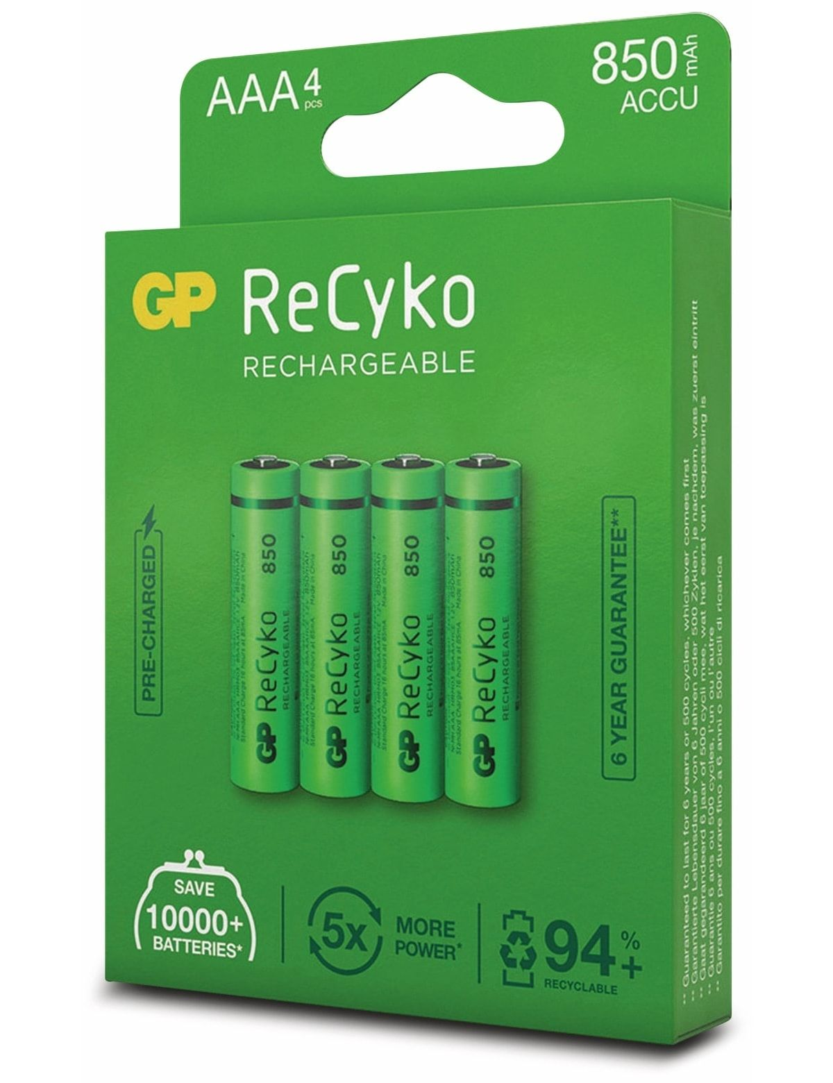 Eine grün-weiße Schachtel mit GP ReCyko AAA-Akkus mit den Batterien darin.