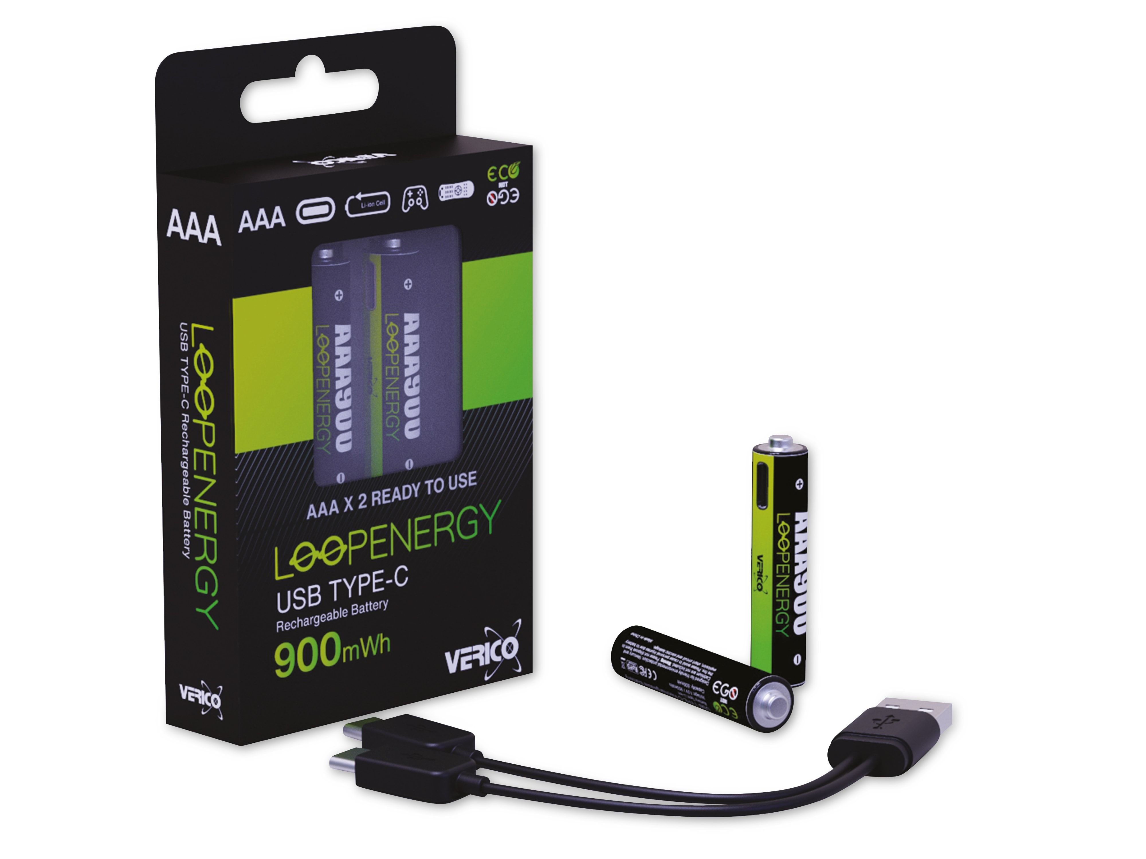 AAA, Lithium-Ionen USB-C Energy Li-Ion-Akku Loop Pack Akku 2er Buchse, mit VERICO
