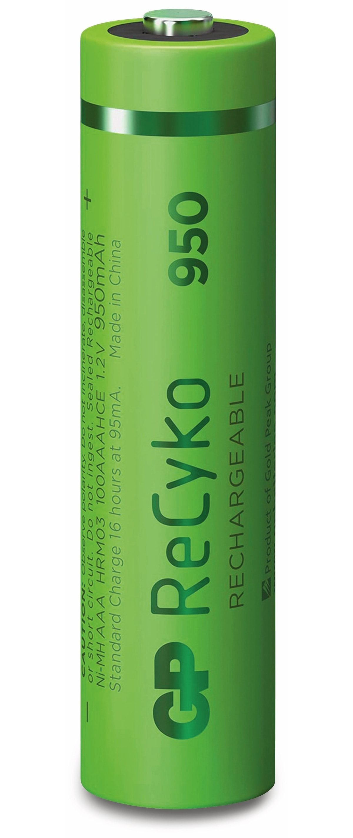 Groene GP ReCyko 950 oplaadbare batterij, verticaal met tekst.