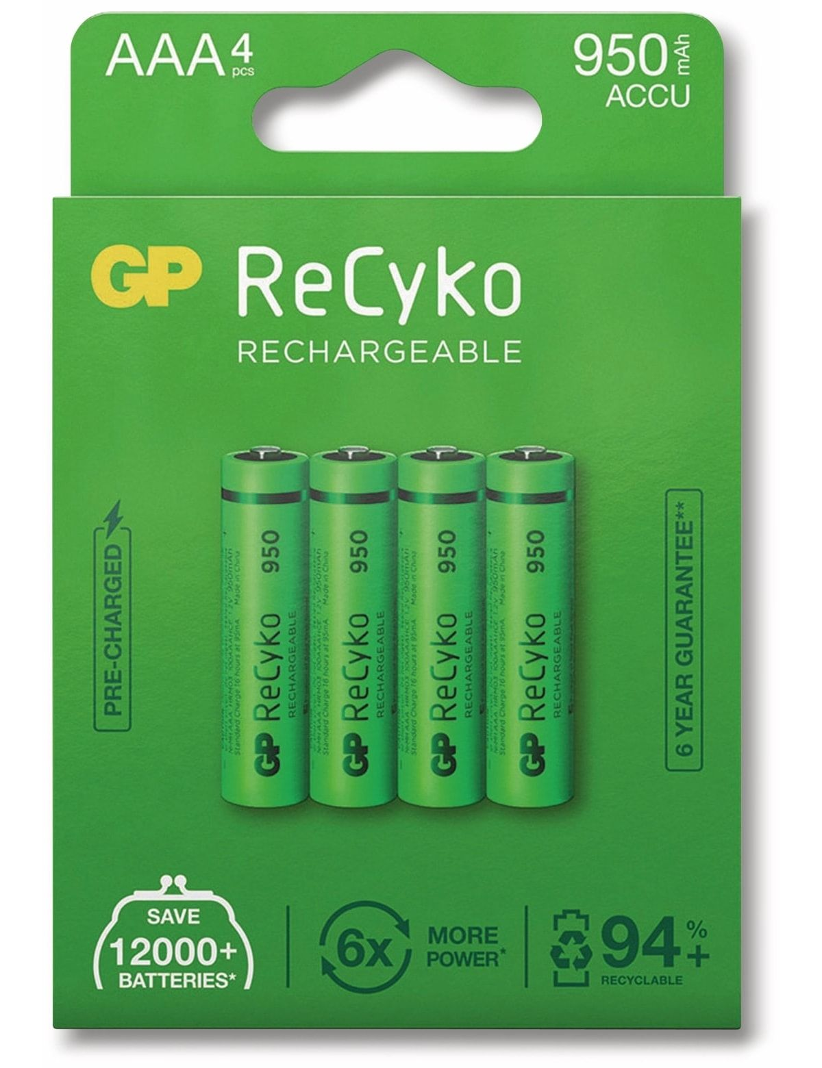Groene doos met vier AAA oplaadbare batterijen, met belangrijke details.