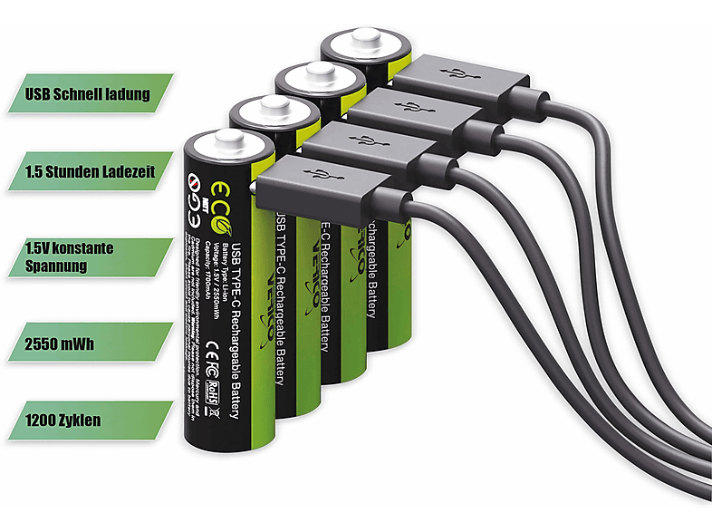 VERICO Li-Ion-Akku Loop Energy AA, mit USB-C Buchse, 4er Pack Lithium-Ionen Akku
