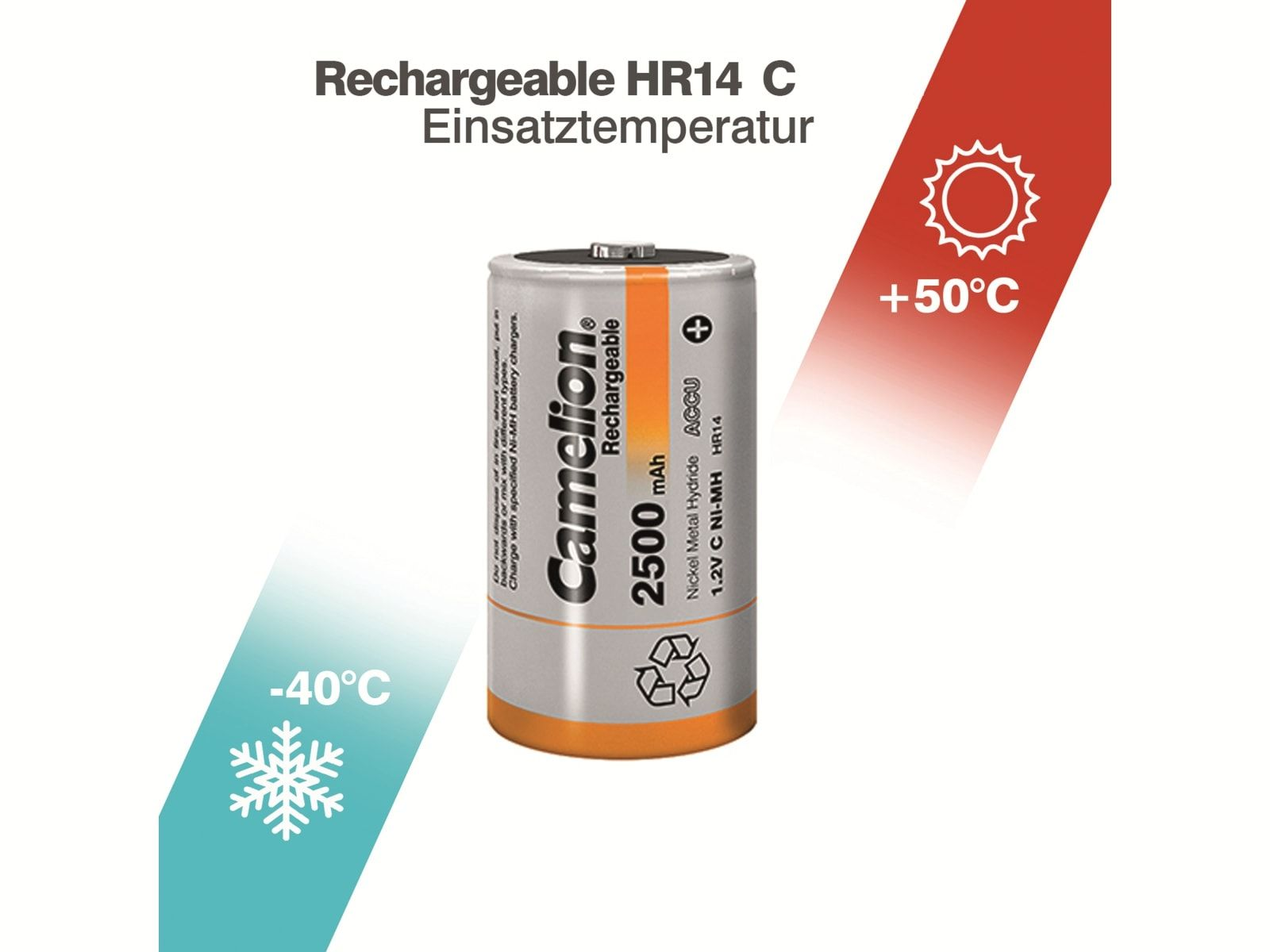 Akumulator Camelion z możliwością ładowania ze specyfikacjami. Pokazuje zakres temperatur od -40°C do +50°C.