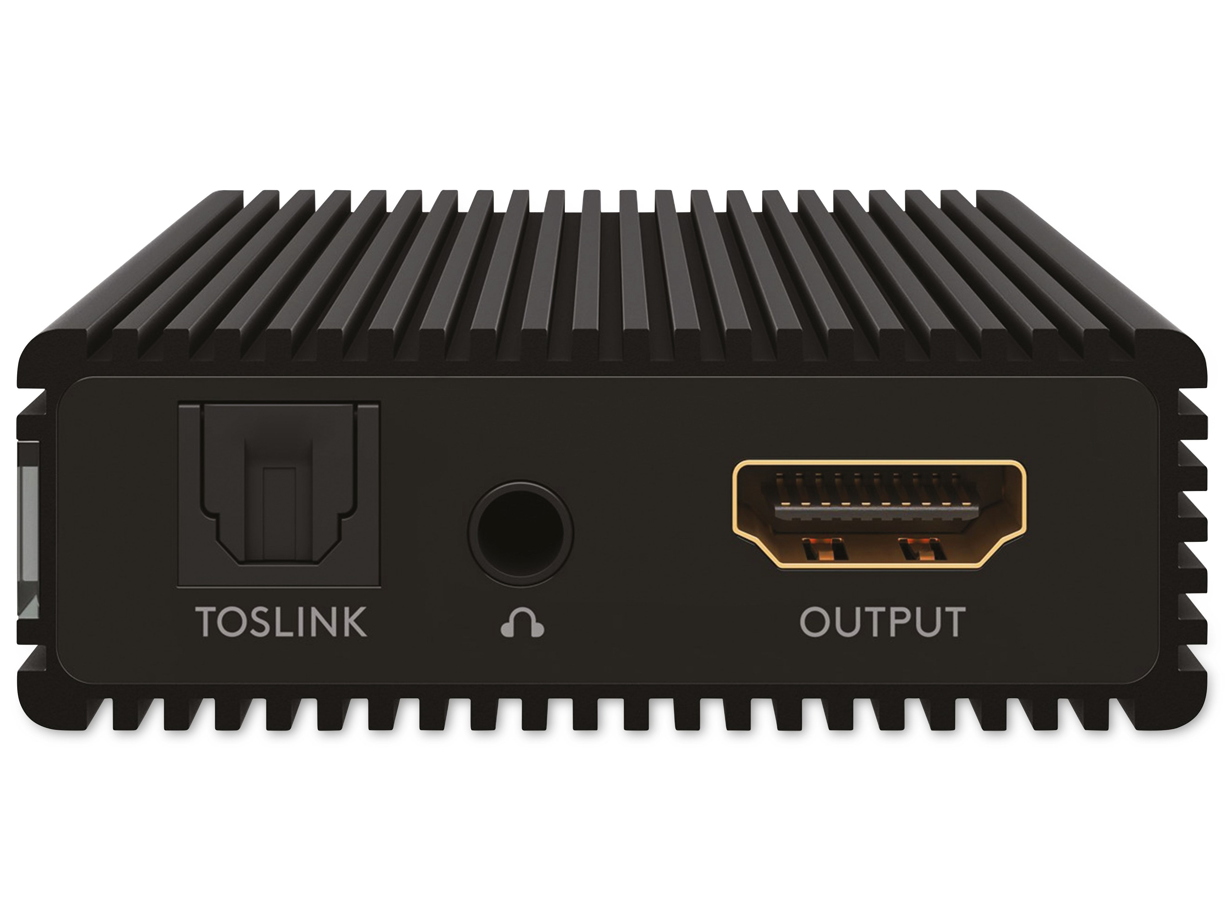 Schwarzes Audiogerät: TOSLINK, Kopfhöreranschluss und HDMI-Ausgang. Das Gerät steht auf weißem Untergrund.