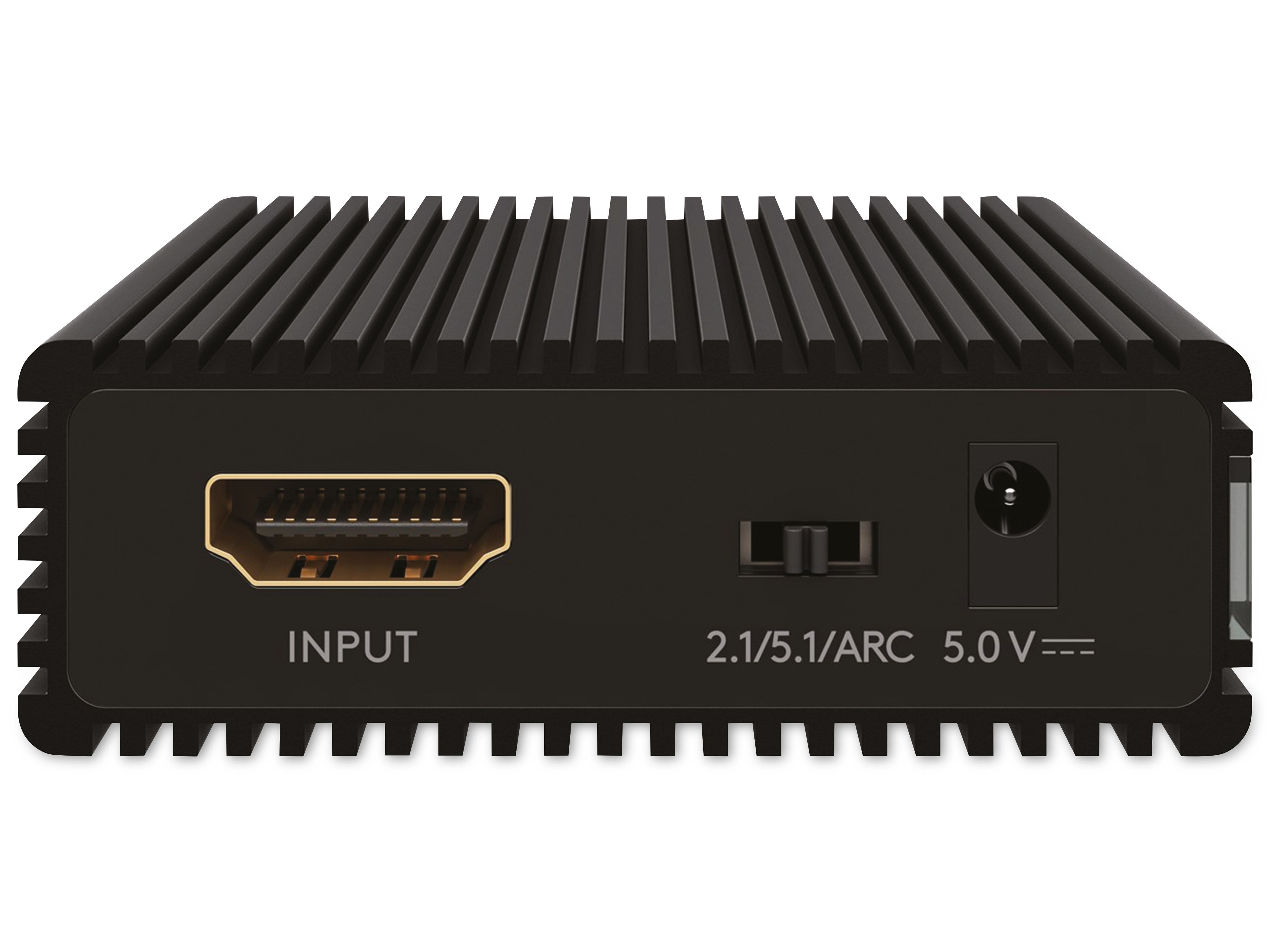 Schwarzes elektronisches Gerät mit HDMI-Eingang, Stromeingang und beschrifteter Platte.