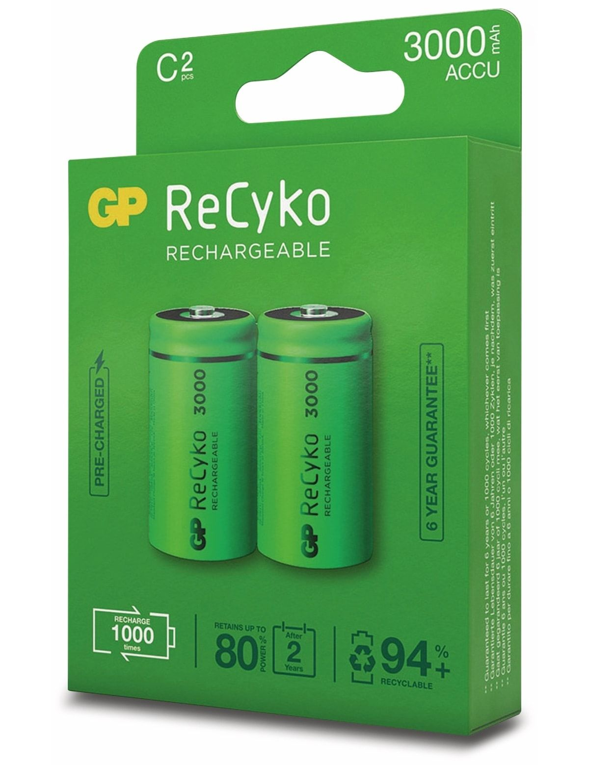 Twee C2 oplaadbare batterijen in een groene doos, met labels en branding.