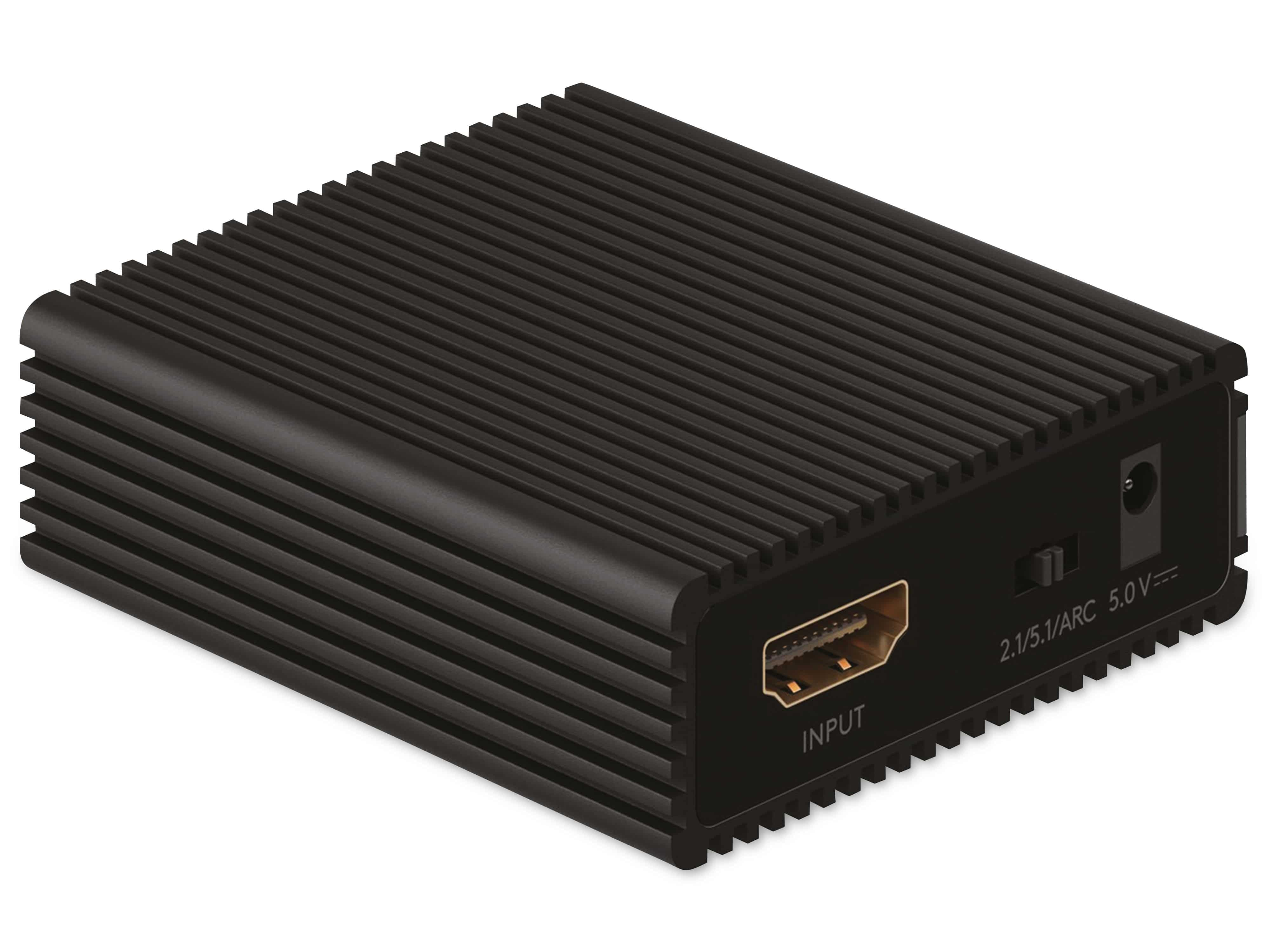Schwarzes rechteckiges Gerät mit gerippten Seiten, HDMI-Eingang und Stromversorgung und Schalter am Ende.