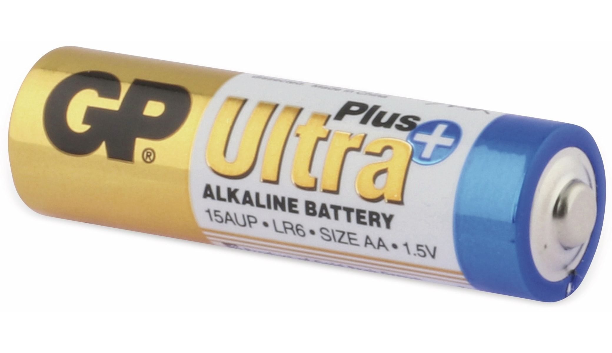 Złota i niebieska bateria AA z etykietą 'GP Ultra Plus' i 'Alkaline Battery'.