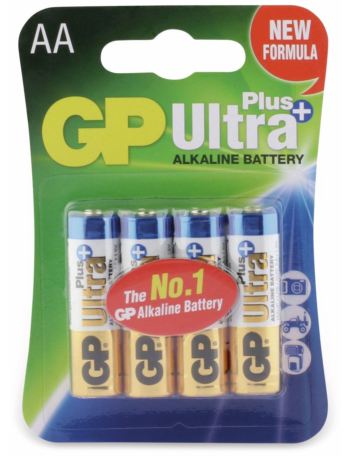Blister z czterema bateriami alkalicznymi AA z etykietą GP Ultra Plus.