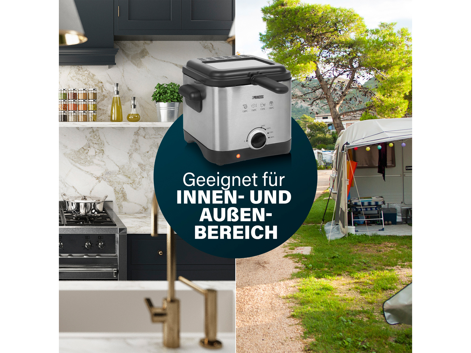 Eine Küchenszene und eine Campingszene mit einer Frittiermaschine, Text sagt geeignet für drinnen und draußen.