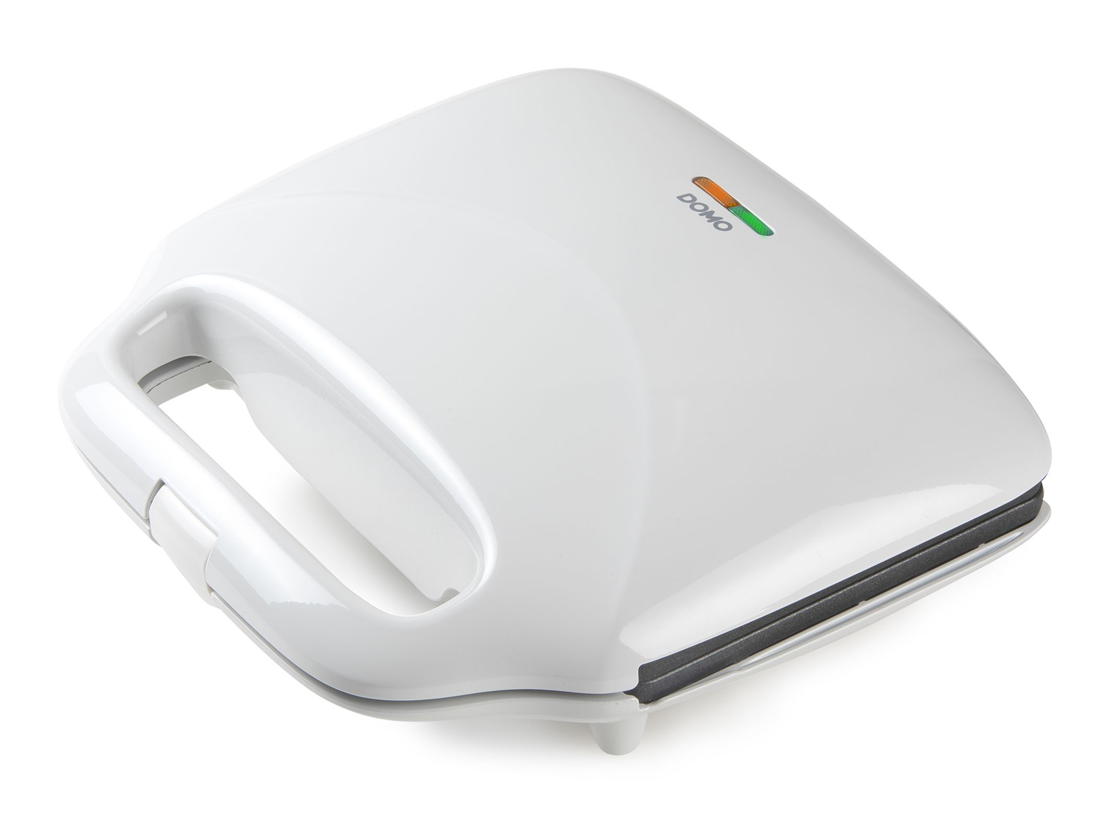 Biały opiekacz do kanapek. Zamknięty, uchwyt na górze, ze wskaźnikami zielonymi i pomarańczowymi.