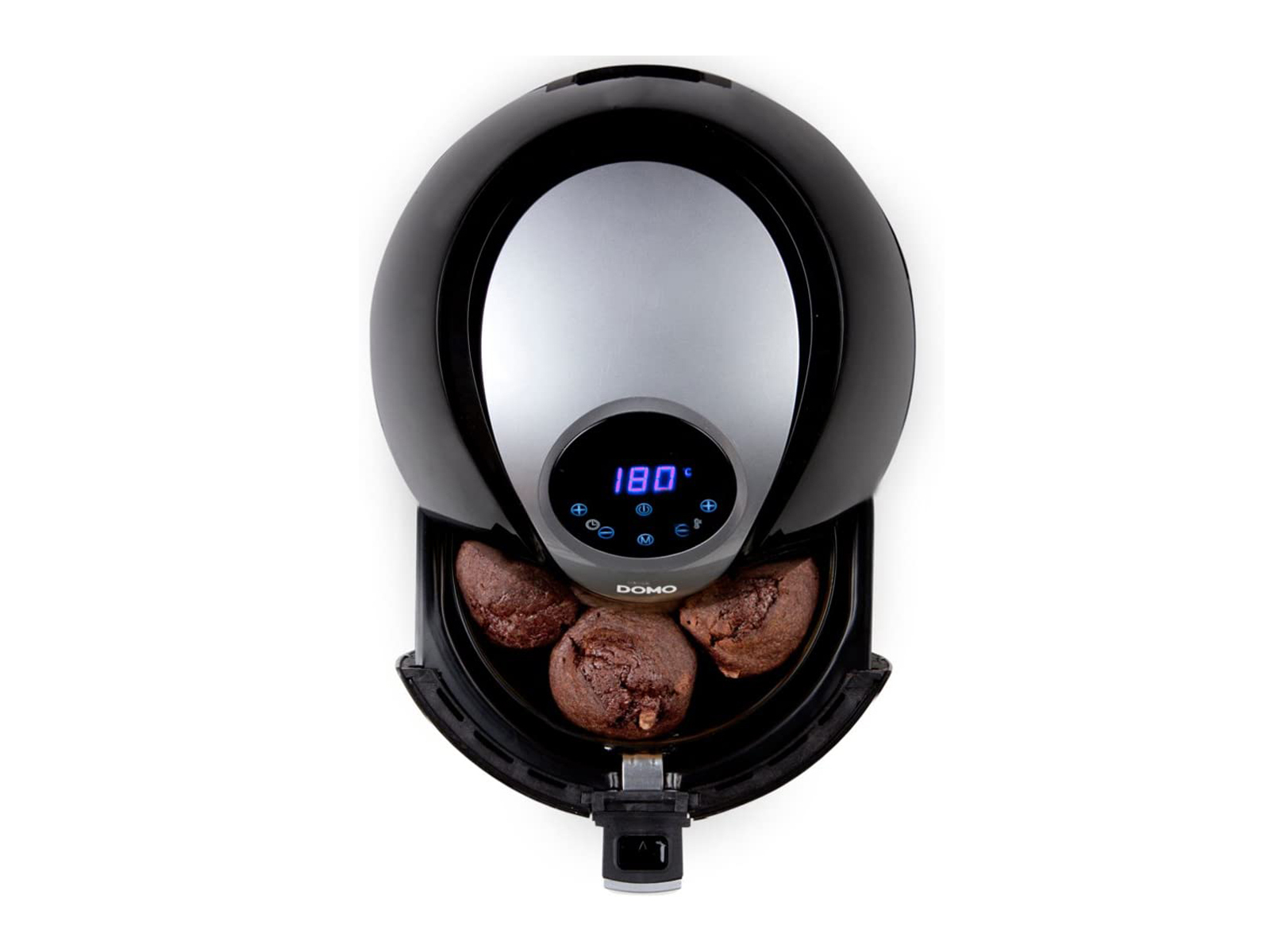 Schwarze Heißluftfritteuse mit Muffins, Digitalanzeige zeigt 180 Grad. Weißer Hintergrund.