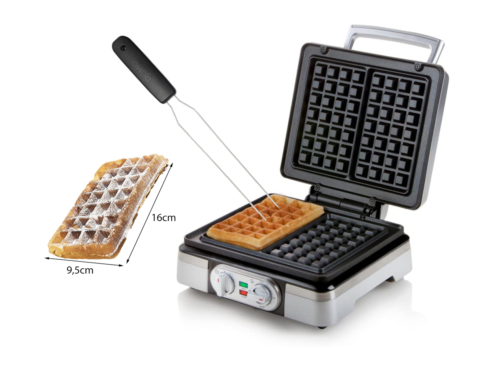 Waffeleisen mit fertiger Waffel und einer Waffel in Herstellung. Abmessungen einer Waffel sind angegeben.