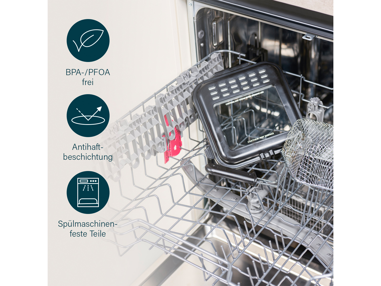 Wnętrze zmywarki z oznaczonymi częściami, promujące funkcje bez BPA i nieprzywierające.