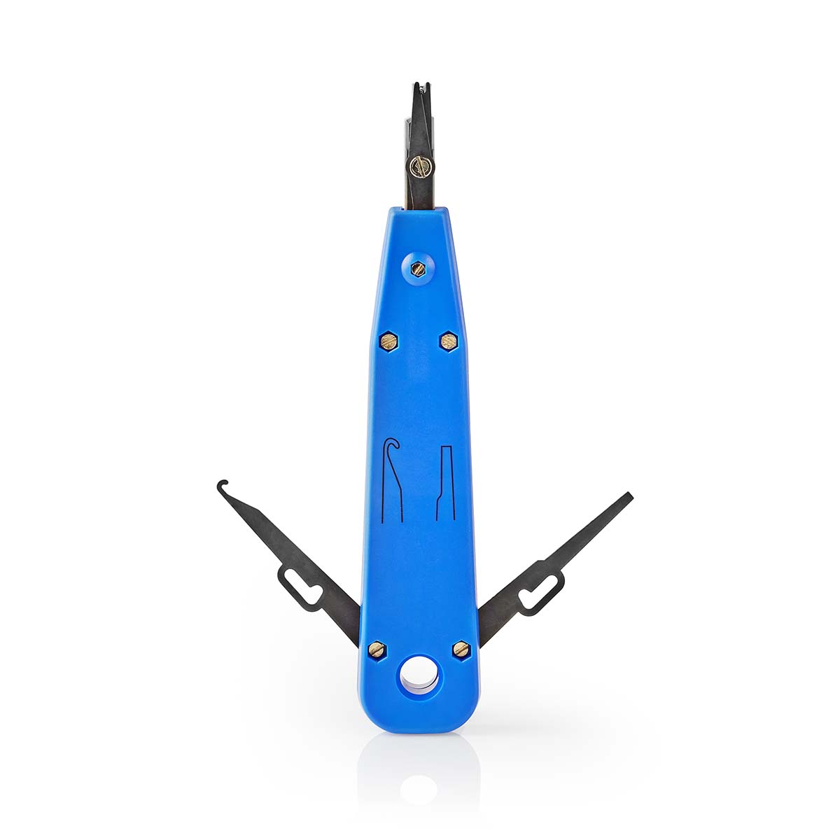 Blauw punchdown-gereedschap met zwarte messen en haken.