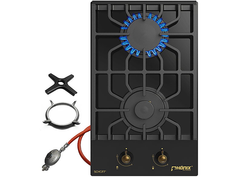 Encimera De Gas Domino-112GBT Con Soporte De Fundición - 2 Fogones, Incluye Wok, Encendido A Pilas, Para Gas Propano O Natural