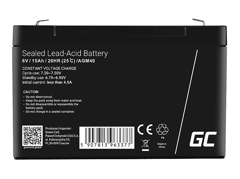 GREEN CELL AGM40 VRLA AGM Kinderfahrzeug-Batterie, 15 mAh