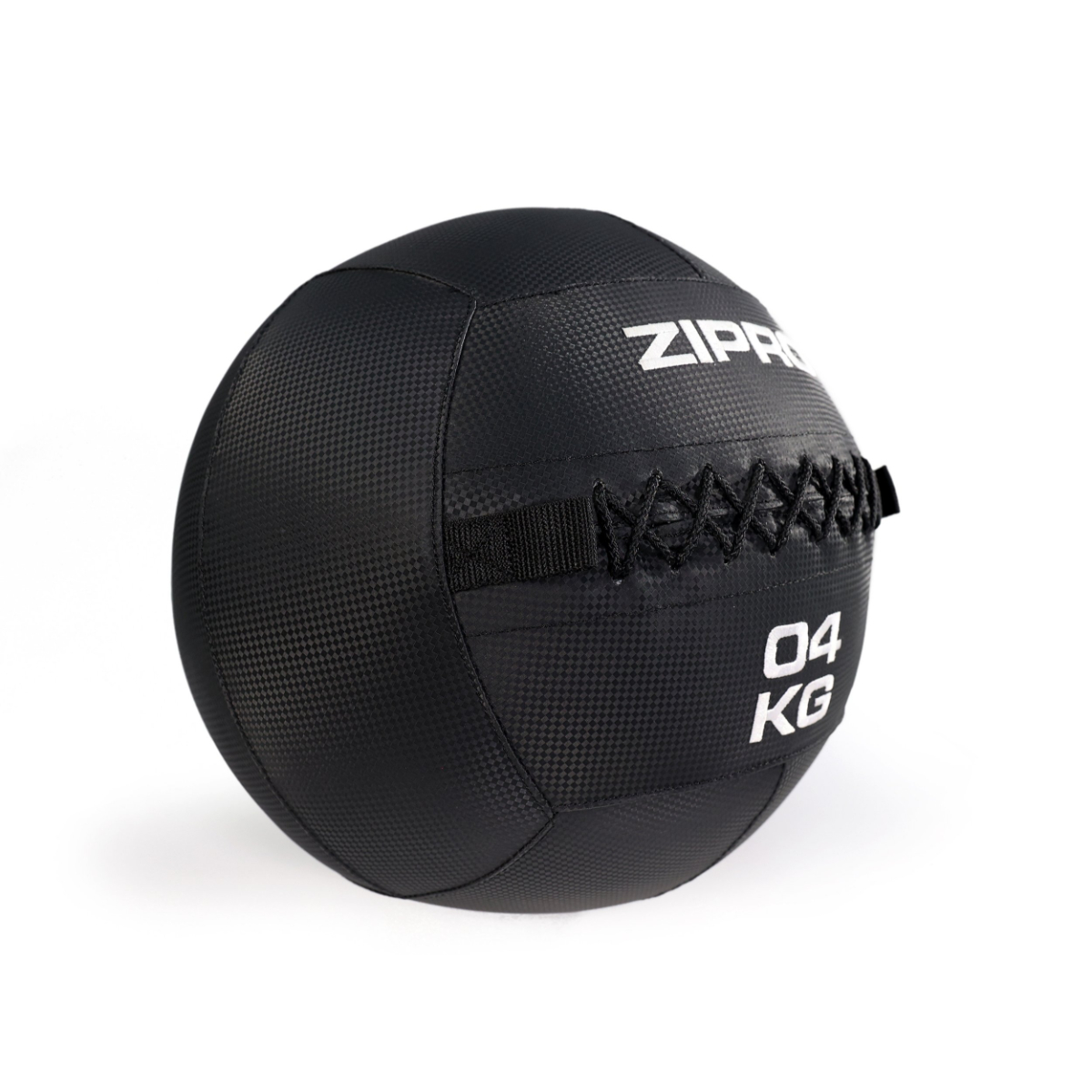 Schwarzer Medizinball, weißer 'ZIPRO'- und '04 KG'-Text. Ball hat Nahtdetails.