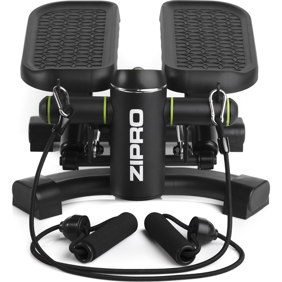 Schwarzer Zipro Stepper mit zwei Fußpedalen, Handgriffen und Widerstandsbändern.