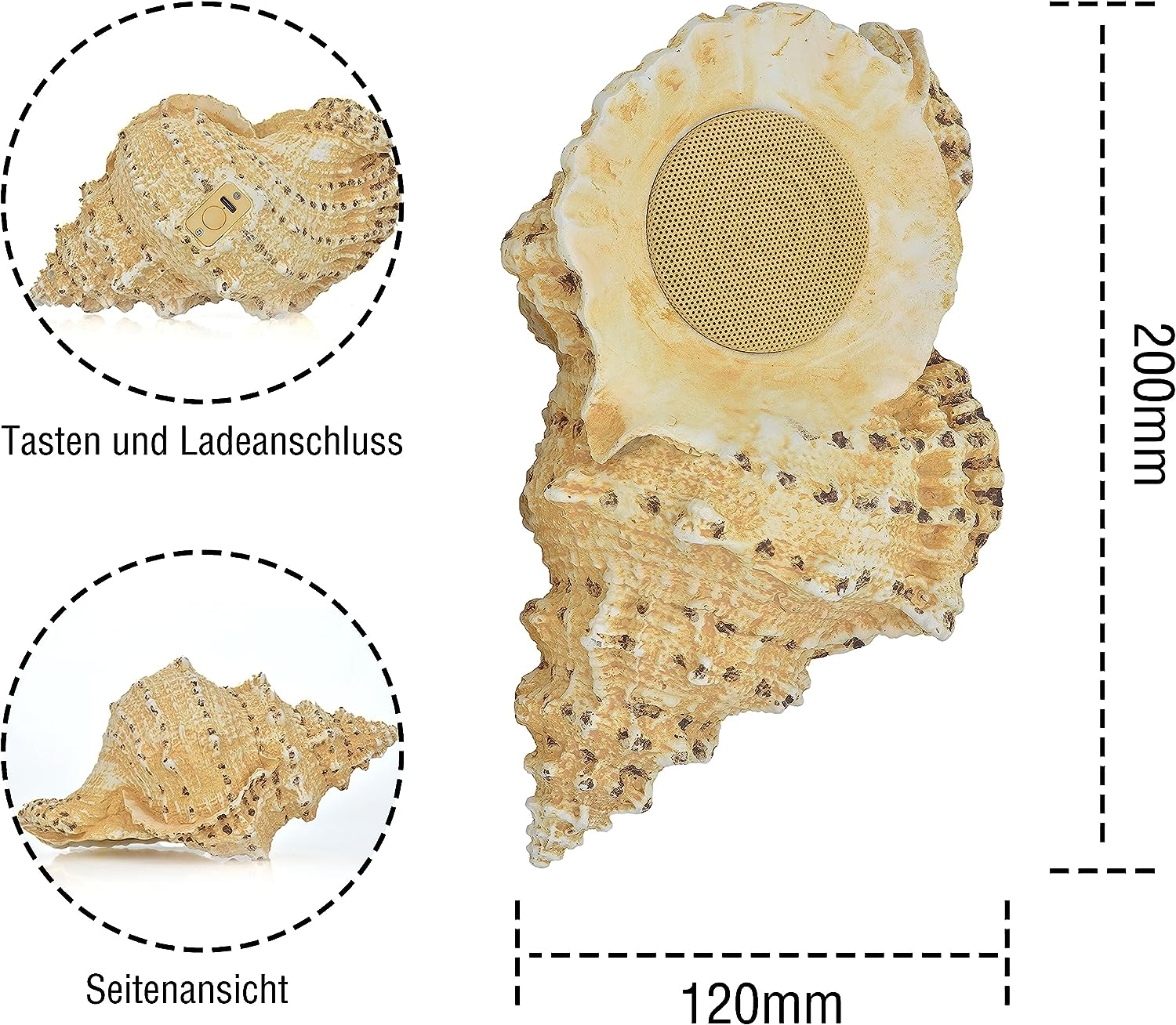Ein muschelförmiger Lautsprecher mit Abmessungen. Es hat ein Lautsprechergitter und wird in drei Ansichten gezeigt.