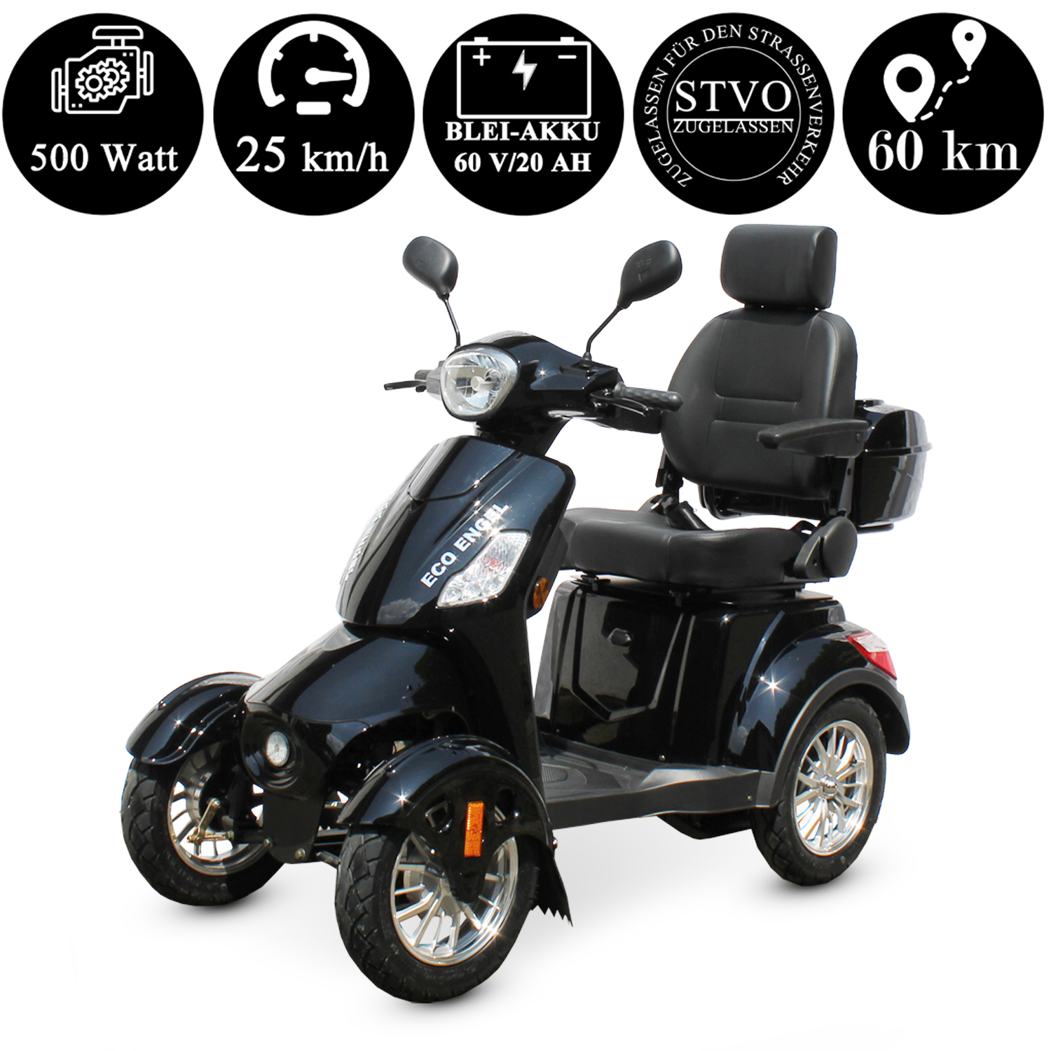 Schwarzer Mobilitätsroller mit vier Rädern, weißer Hintergrund.