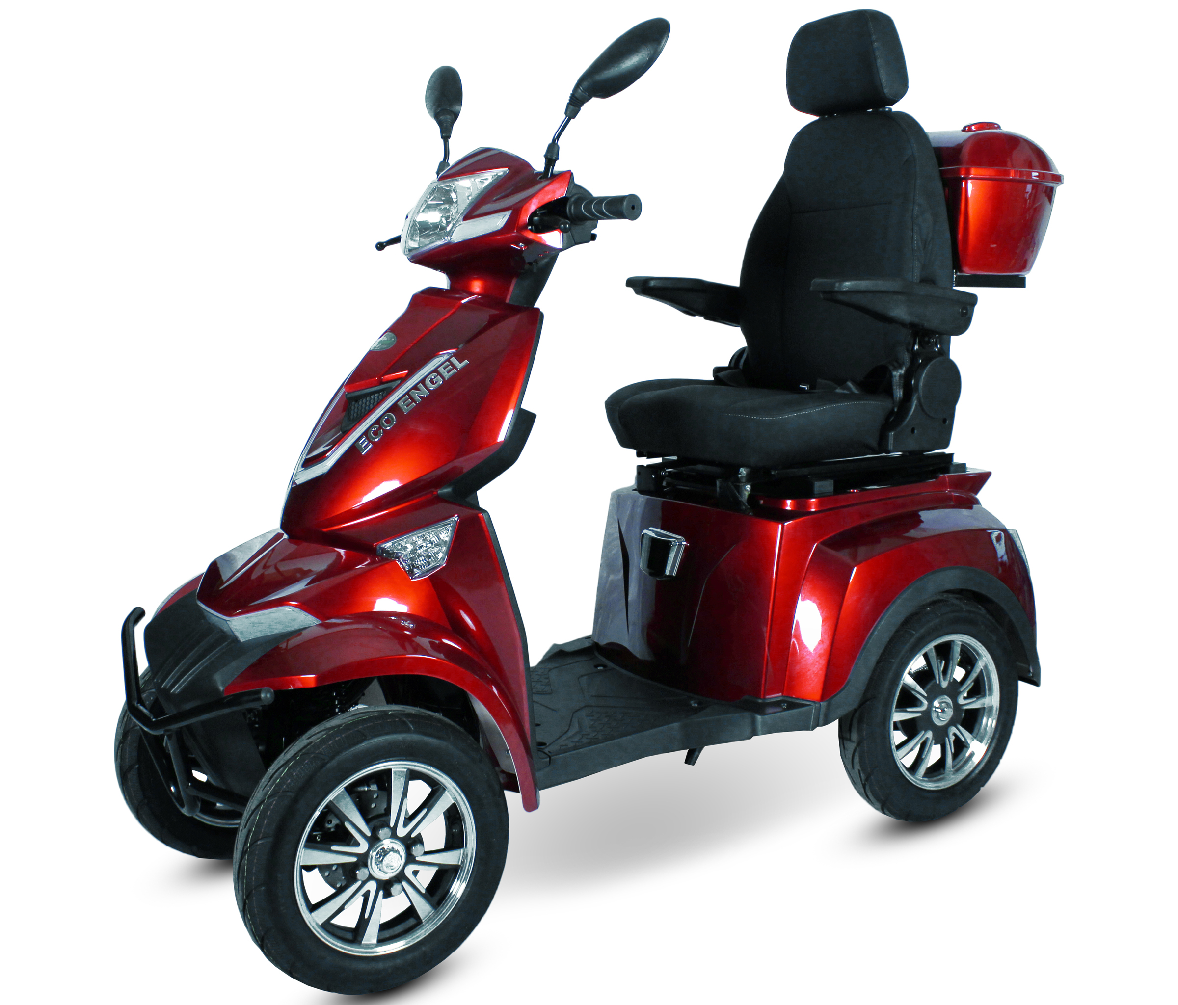 Roter und silberner Mobilitätsroller auf weißem Hintergrund, Seitenansicht.