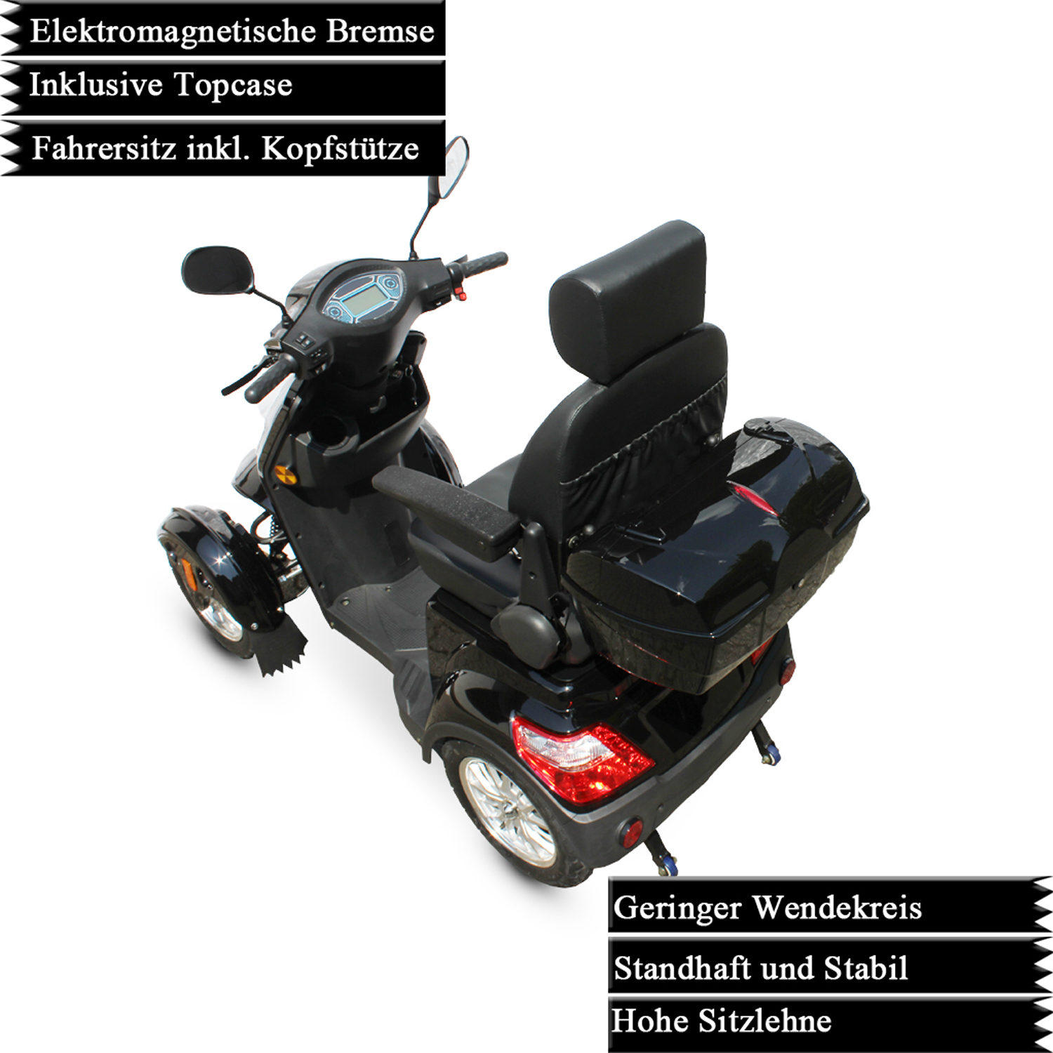 Ein schwarzer Mobilitätsroller mit Sitz, Topcase und Kopfstütze, von oben betrachtet.