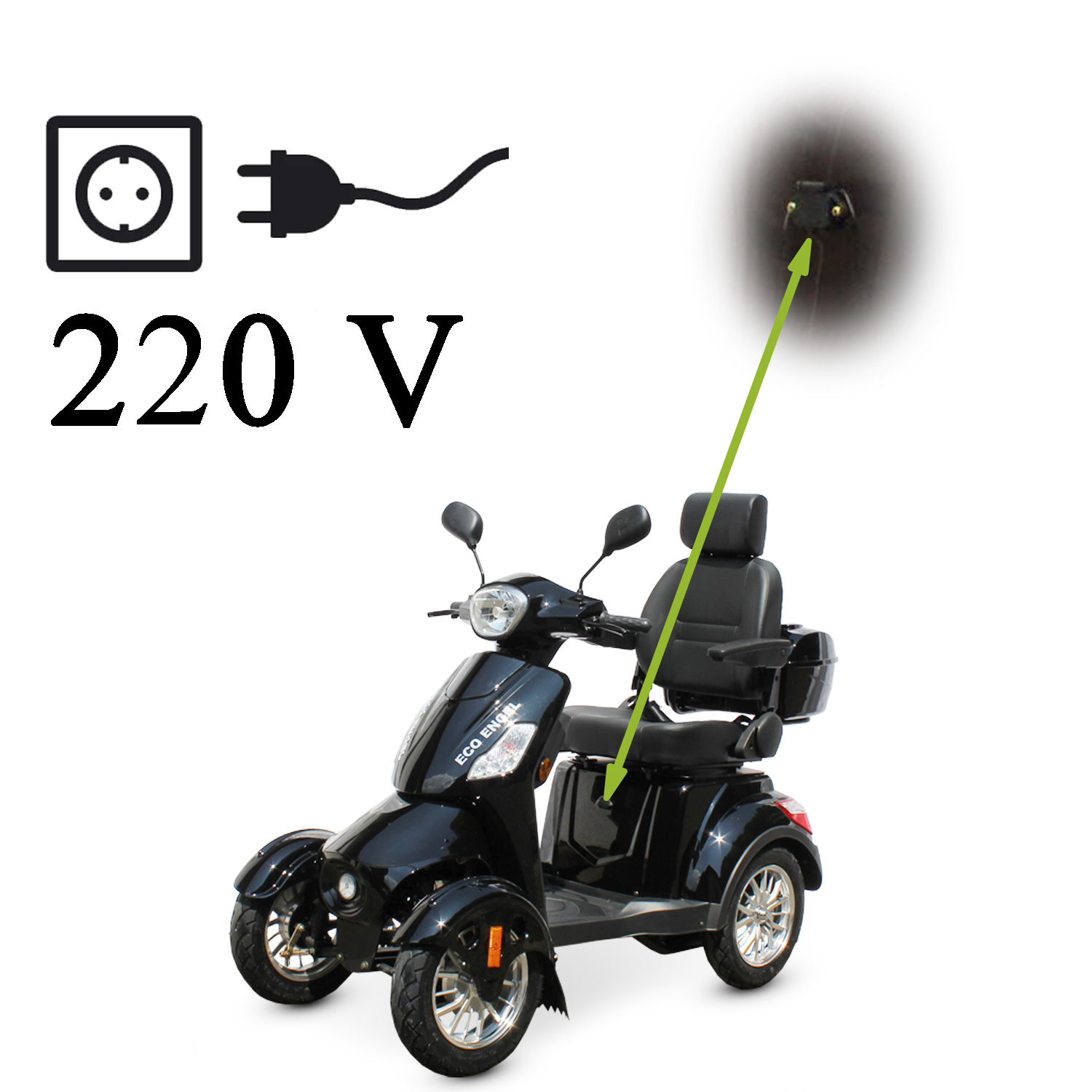 Schwarzer Mobilitätsroller mit 220V-Stecker und Stromsymbol.
