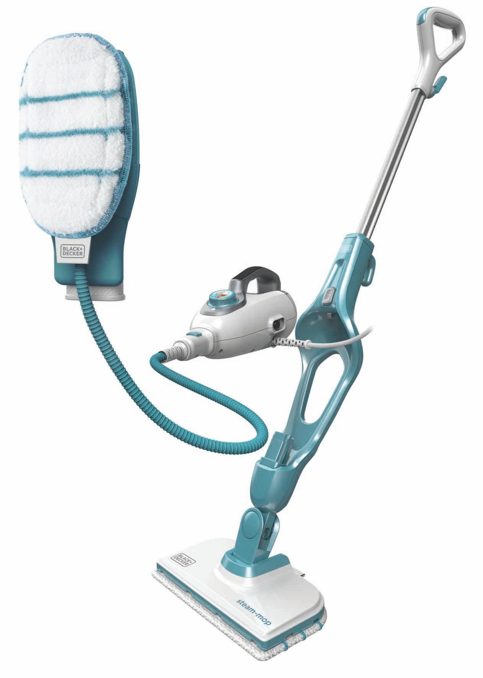 Zestaw mopa parowego. Ma jednostkę główną, odłączany ręczny parownik i nakładkę do szorowania.