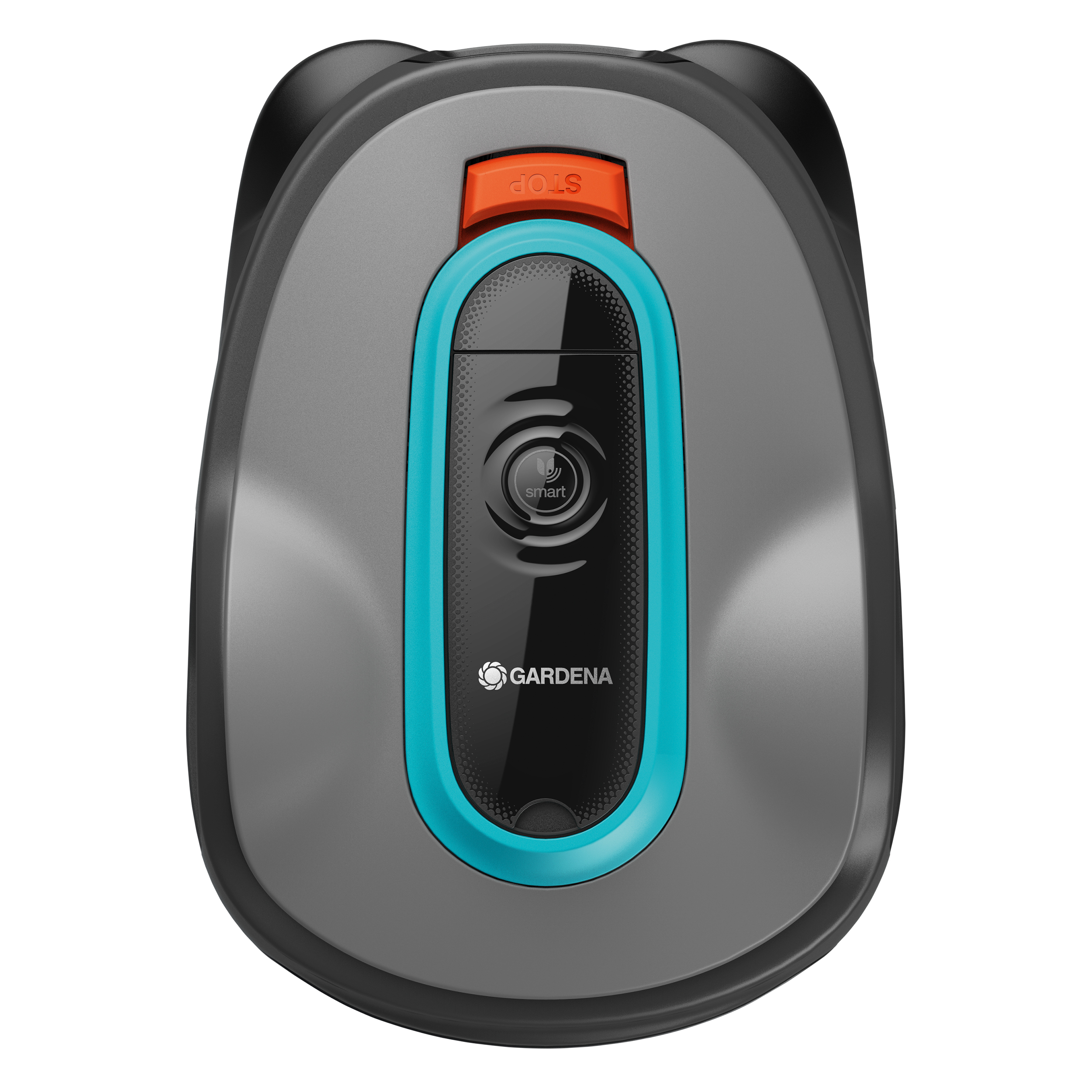Szary i czarny robot do koszenia trawy z pomarańczowym przyciskiem stop i niebieskim wykończeniem.