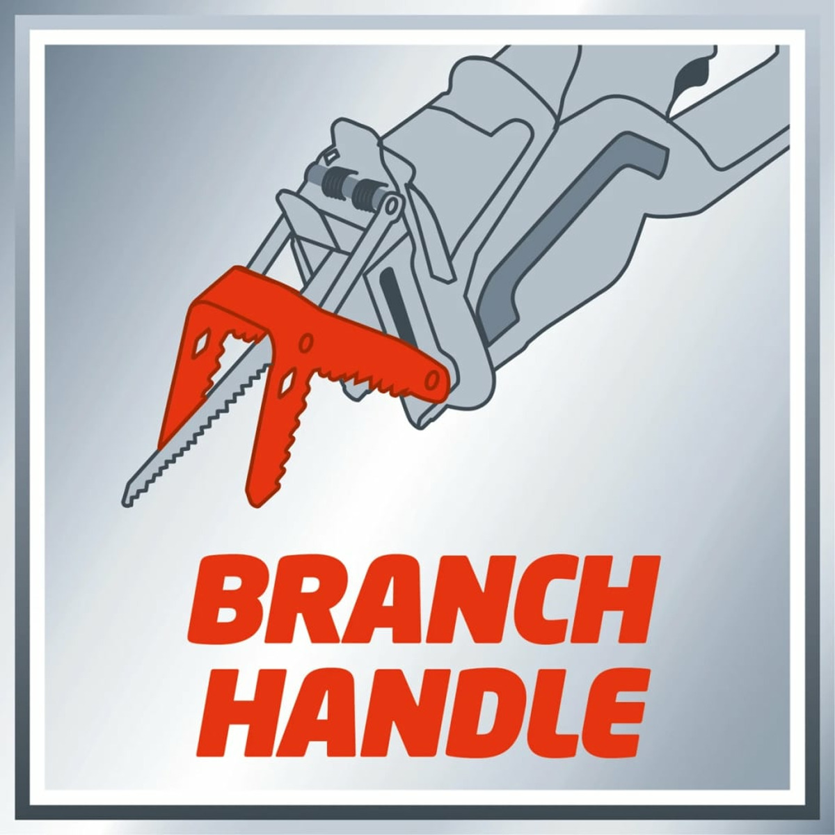 Nahaufnahme eines rot-grauen Astgriffwerkzeugs vor grauem Hintergrund. Text: BRANCH HANDLE.